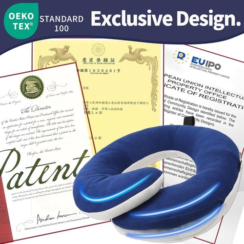 BUYUE Travel Neck Pillow - 360° Head Support for Comfortable Long Flights | Skin-Friendly, Navy, Adult Set with Eye Mask & Earplugs