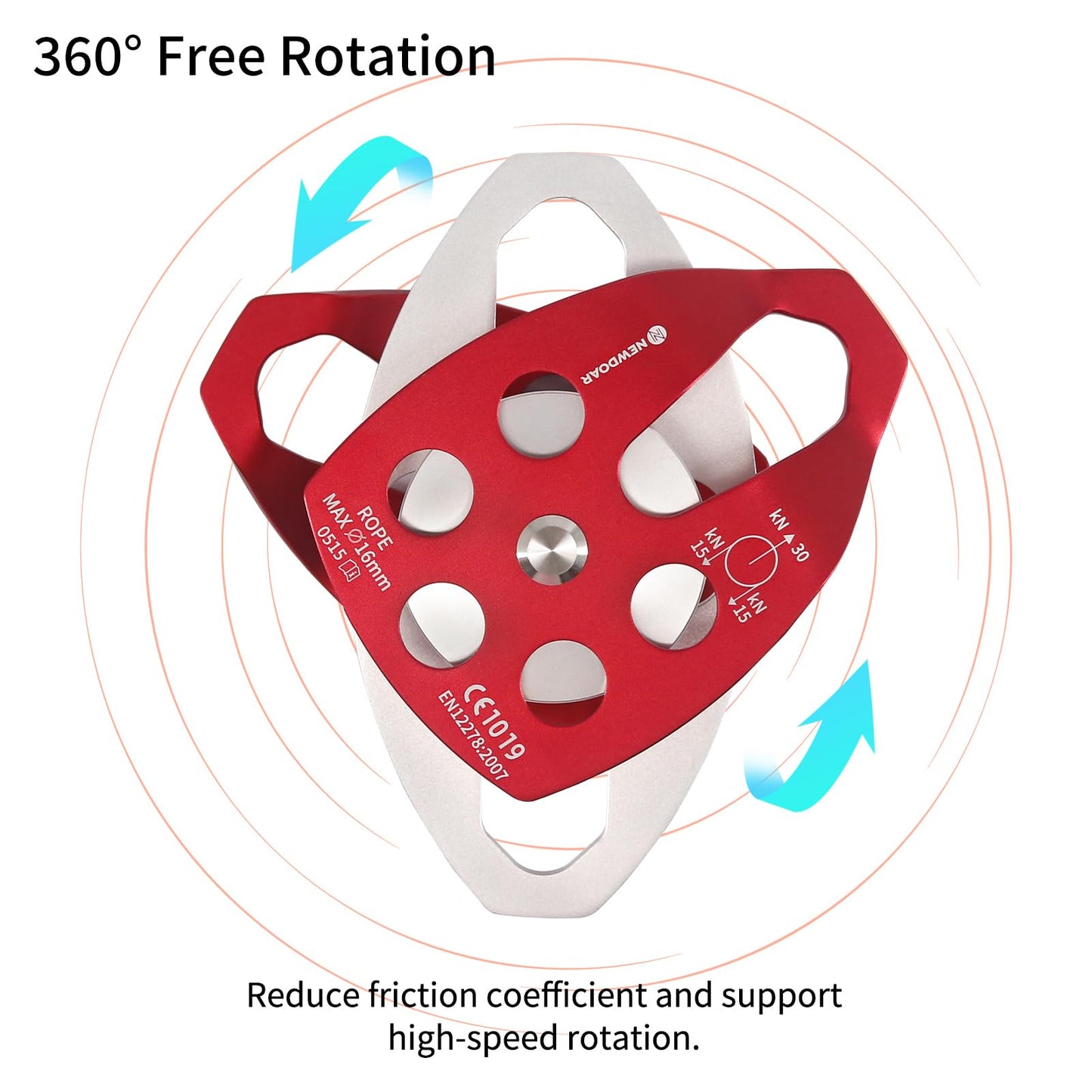 NewDoar 30 KN CE Certified Large Rescue Pulley Double Sheave with Swing Plate for Outdoor Mountaineering Rock Climbing Rescue(Red 2pcs)