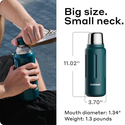 BOBBER 34 oz Stainless Steel Travel Thermo Bottle for Hot and Cold Drinks – Dishwasher Safe Metal Water Bottle with Cup Lid – Keeps Hot for 48 Hours – BPA-Free, Vacuum Insulated (Deep Teal)