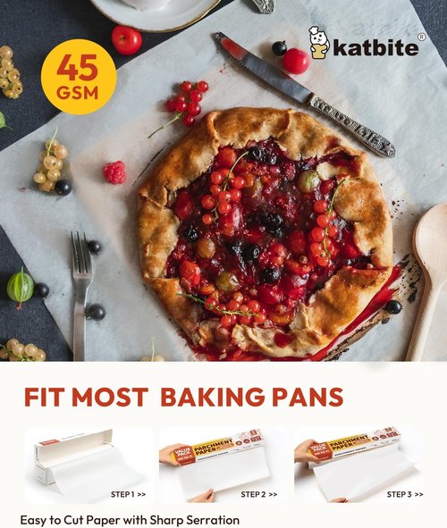 Katbite Parchment Paper Roll - 15in x 242ft | Heavy Duty Baking Paper with Serrated Cutter - 300 Sq.Ft Value Pack