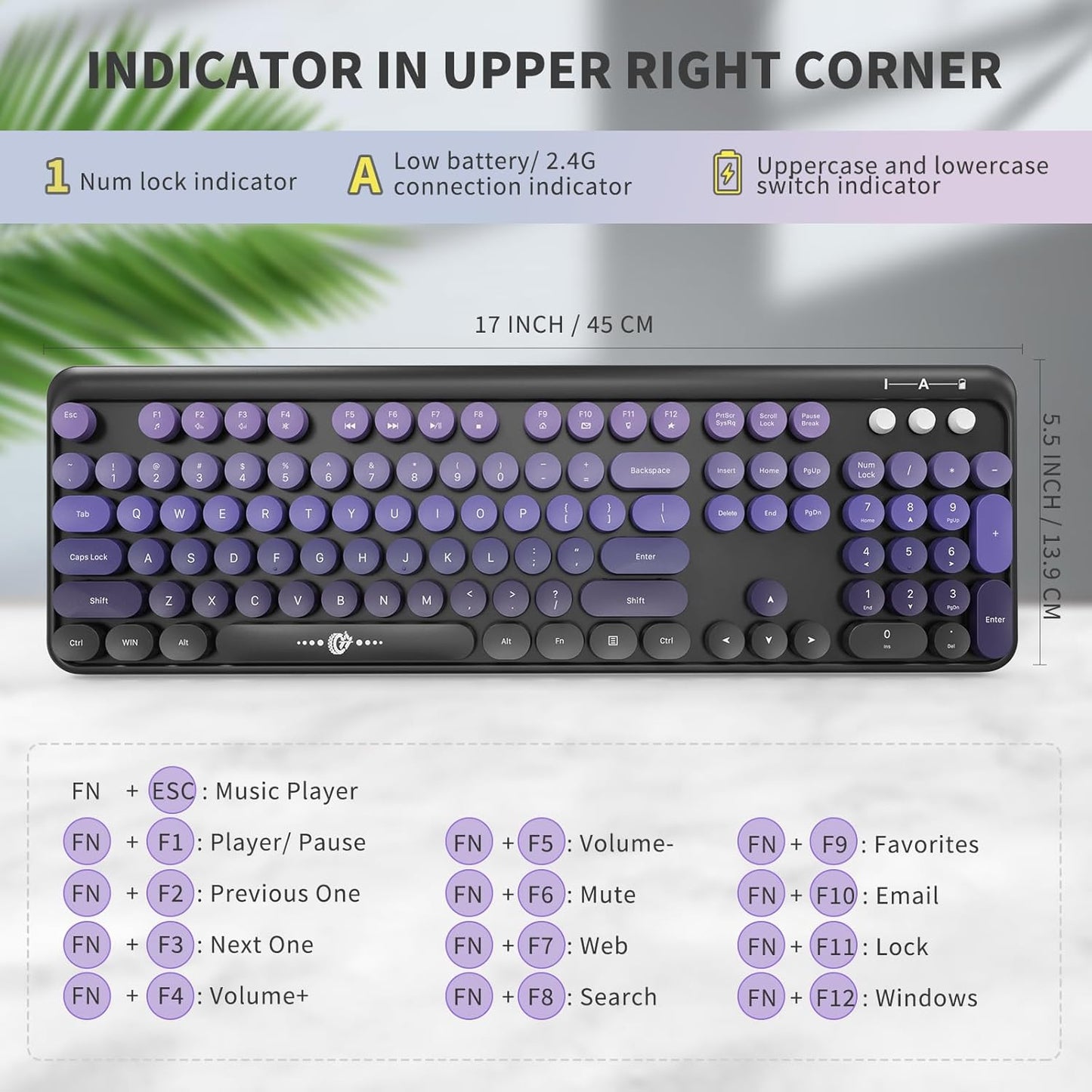 FOPETT 2.4G 104 Wireless Keyboard and Mouse Combo - Full-Sized Cute Colorful Mouse and Keyboard with Round Keys Retro
