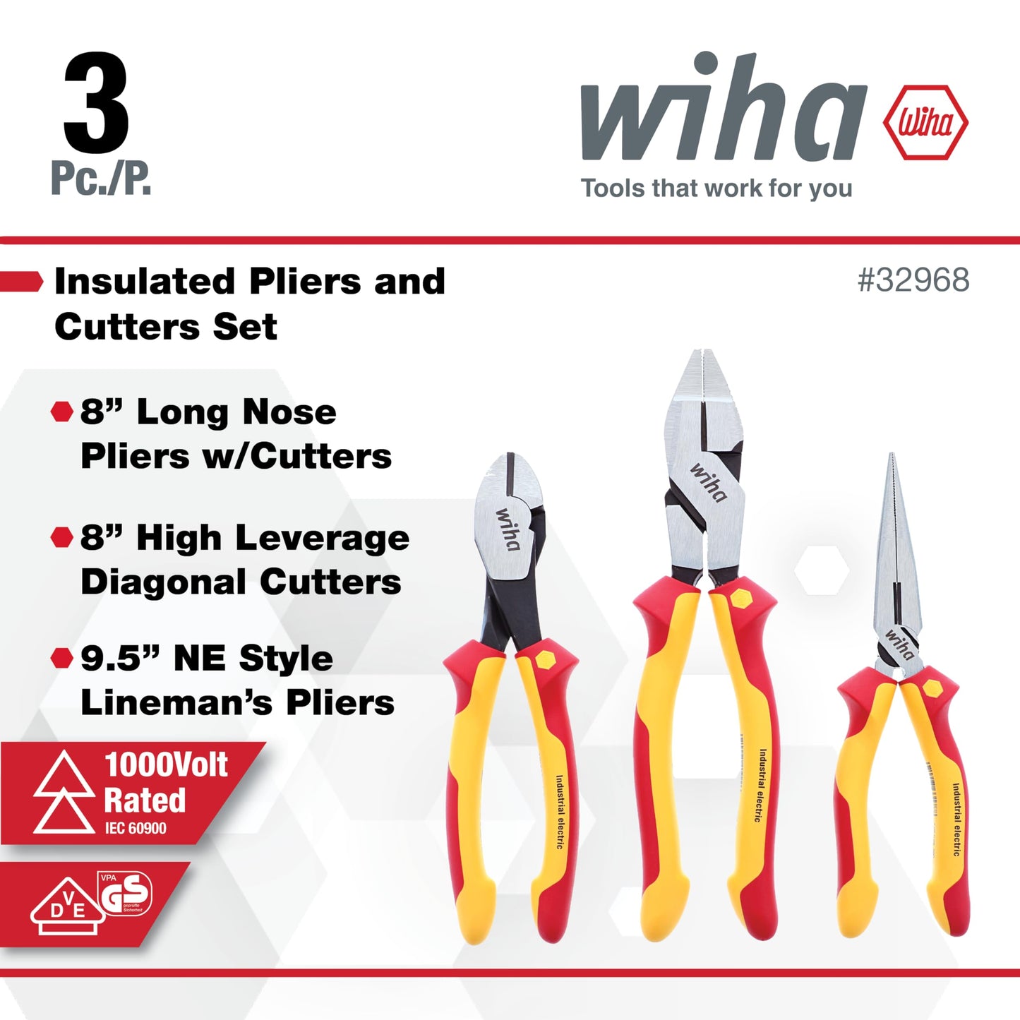Wiha 32968 3 Piece Insulated Industrial Grip Pliers and Cutters Set, Red