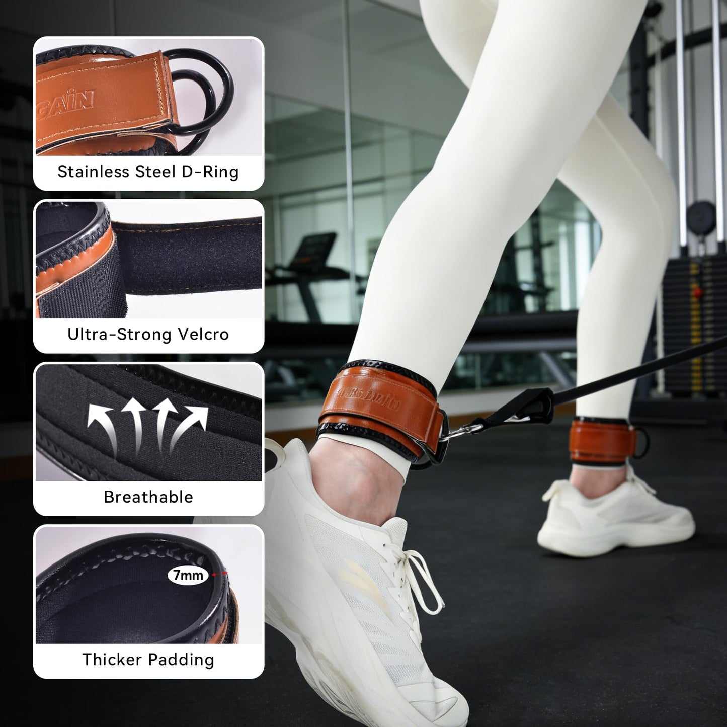 JOBGAIN Ankle Strap for Cable Machine (2 Pack), Ankle Resistance Bands, Cable Kick Back Straps for Gym, Glute Workouts, Leg Extensions, Adjustable Straps with Neoprene Padding, Brown