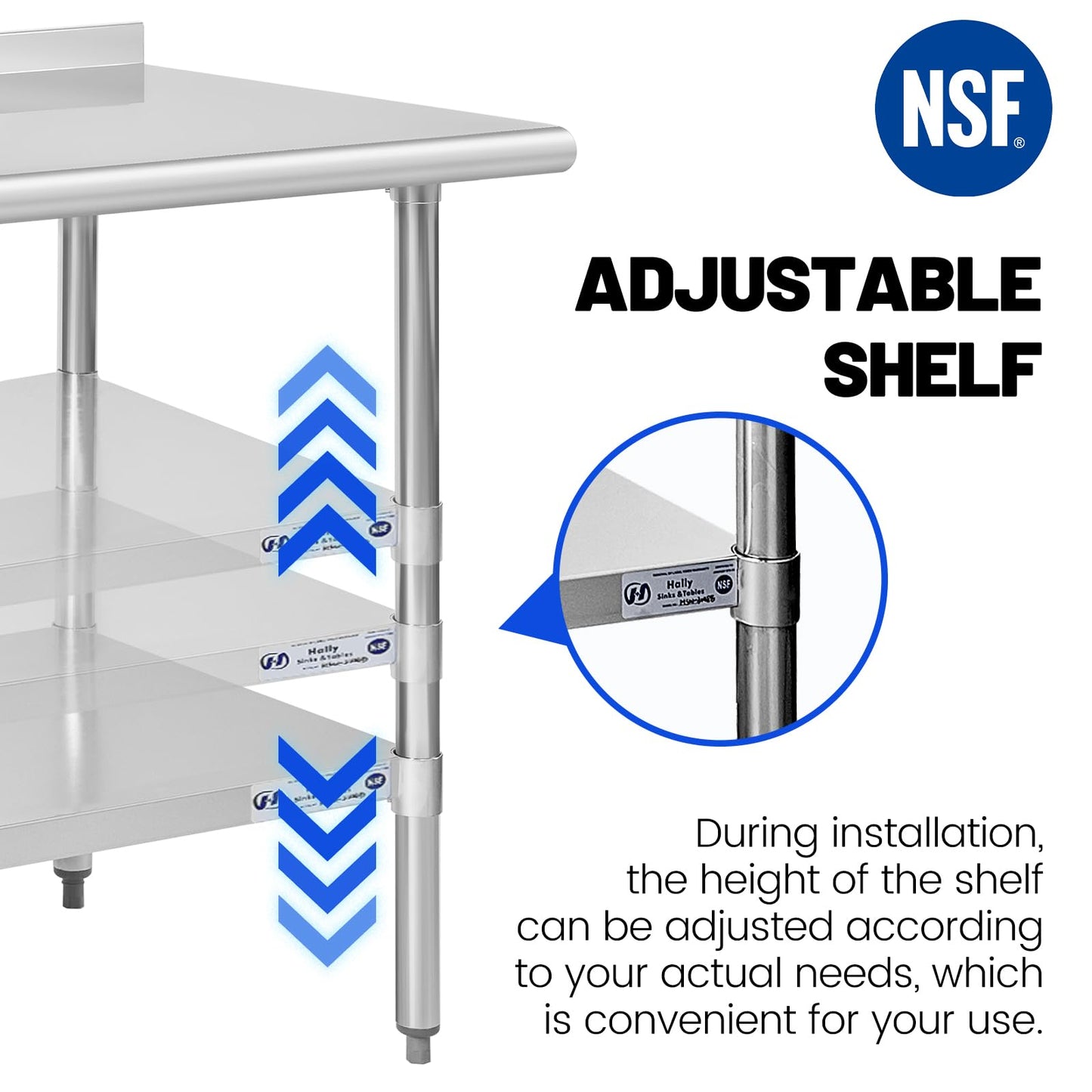 Hally Stainless Steel Table for Prep & Work 24 x 48 Inches, NSF Commercial Heavy Duty Table with Undershelf and Backsplash for Restaurant, Home and Hotel