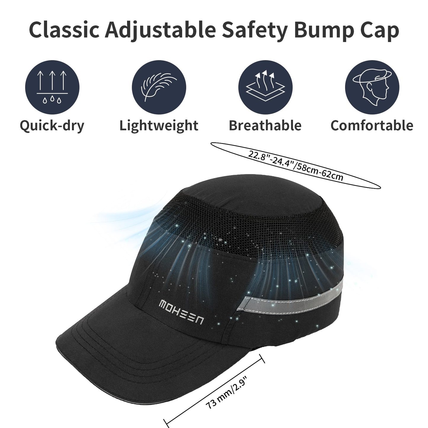 Unisex Safety Bump Cap - Lightweight and Breathable Baseball Style Protective Hat with Reflective Stripes Black Long Brim,5Pcs