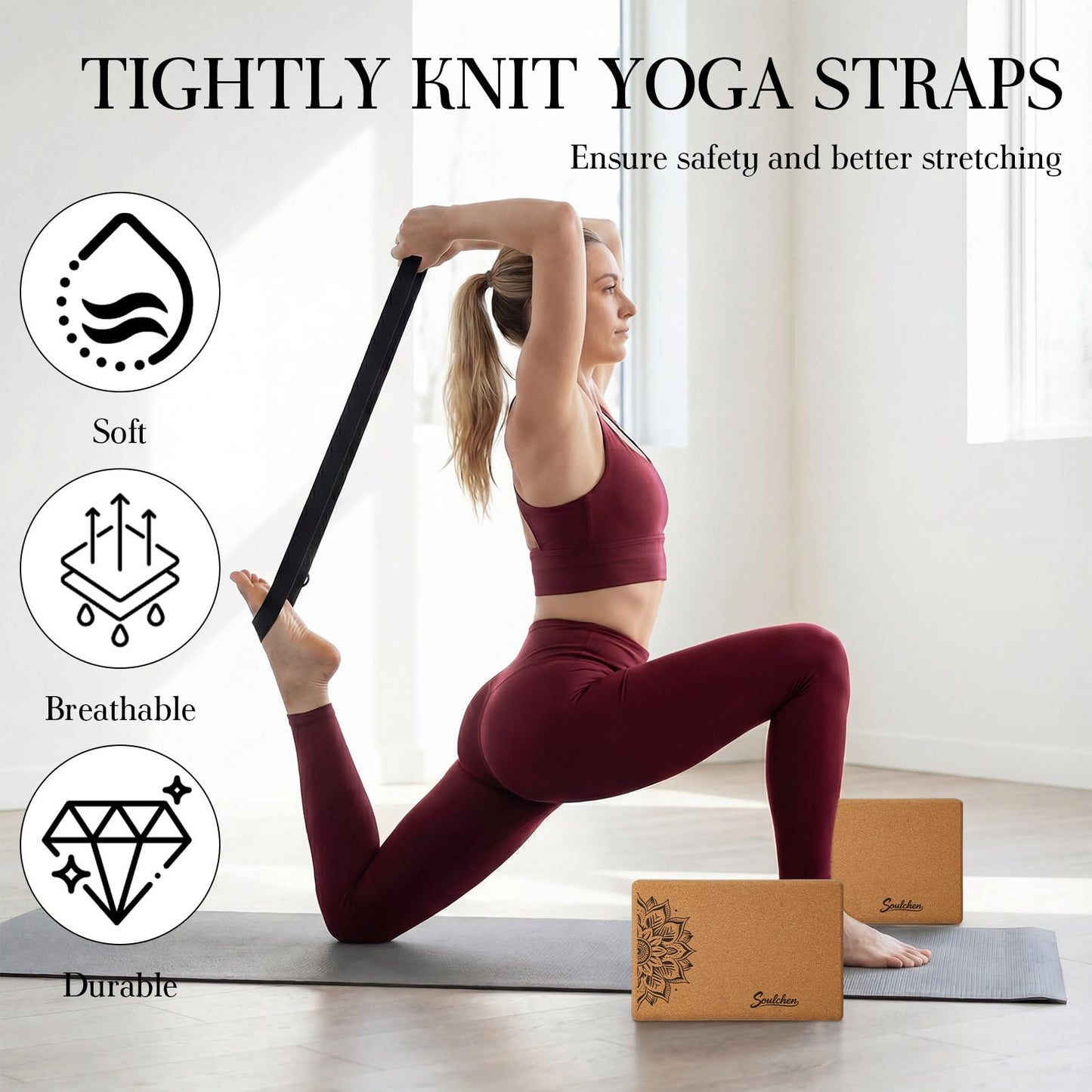 Soulchen 5 Pack Yoga Accessories for Women Set Yoga Block 2 Pack with Strap Massage Ball for Meditation Pilates Cork Blocks Stretching Home Gym Natural High-Density, 12"x8"x2"