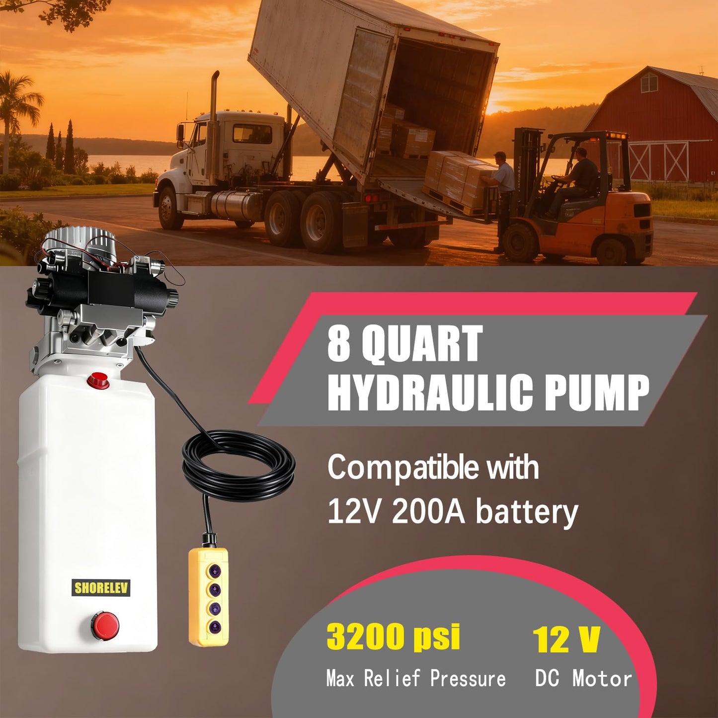 SHORELEV Hydraulic Motor Dump Trailer Pump, 12V DC Double Solenoid Double Acting Hydraulic Power Unit, 8L Plastic Reservoir, for Dump Trucks, Snow Plows, Tow Trucks, and Industrial Machinery