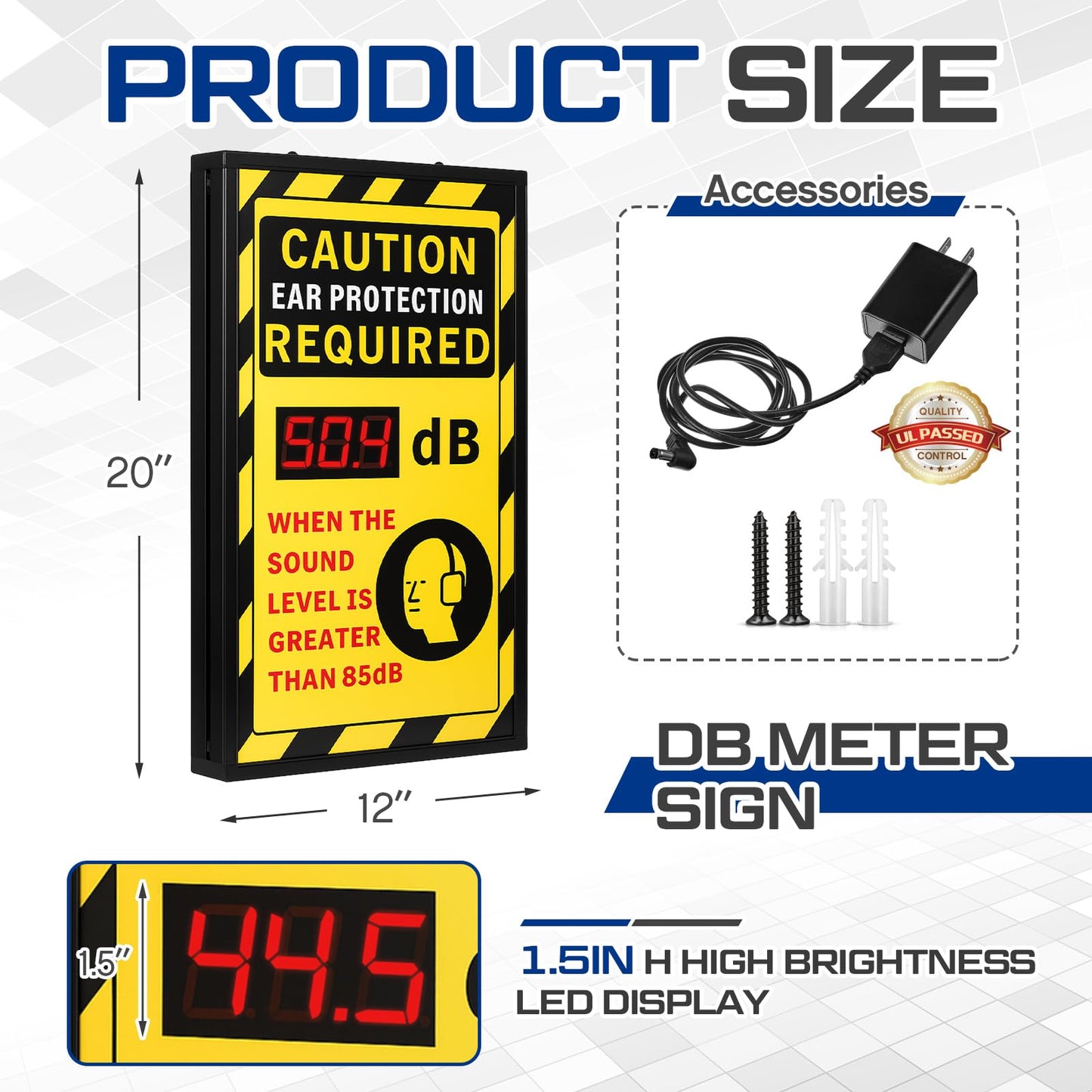 Relaxweex 12" x 20" Sound Decibel Meter Digital Sign, OSHA Caution Header " Ear Protection Required" Sign, Wall Mount, Digital Real-time Aluminum Db Meter