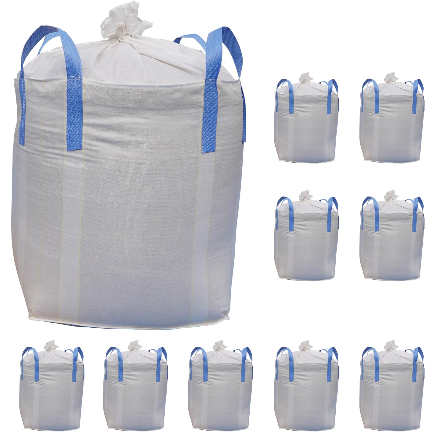 FIBC Bulk Bags 35x35x43 Inch, 2200 lbs. Capacity, 10 Pack, Double Warp Woven Polypropylene, Heavy Duty Ton Bags with Duffel Top & Flat Bottom, UV Resistant 4 Loops for Gravel, Grain, etc