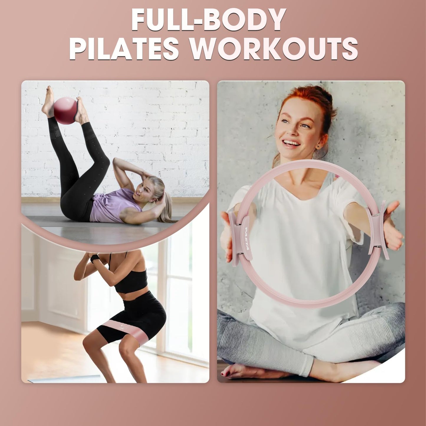 PAETA Pilates Ring Set – 14” Magic Circle (38 lbs Resistance), 9.8” Pilates Ball, 5 Resistance Bands, and Exercise Guide Included for Home Workouts(Pink)