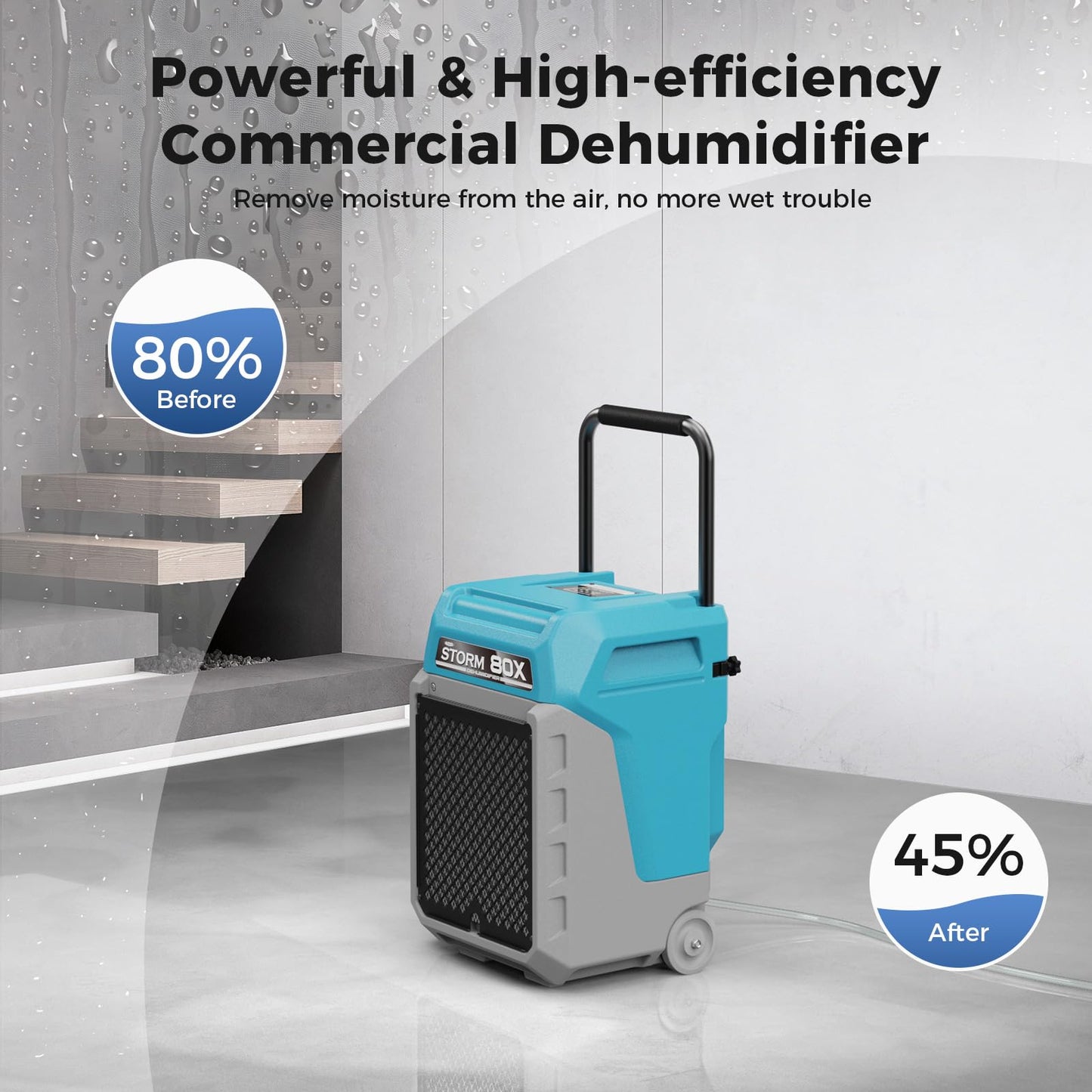 ALORAIR 170 PPD Commercial Dehumidifier with Pump & Drain Hose, LGR Industrial Use, Portable Dehumidifier with Wheels for Water Damage Restore, Carpet Drying, 6-Year Limited Warranty, Storm 80X (Blue)