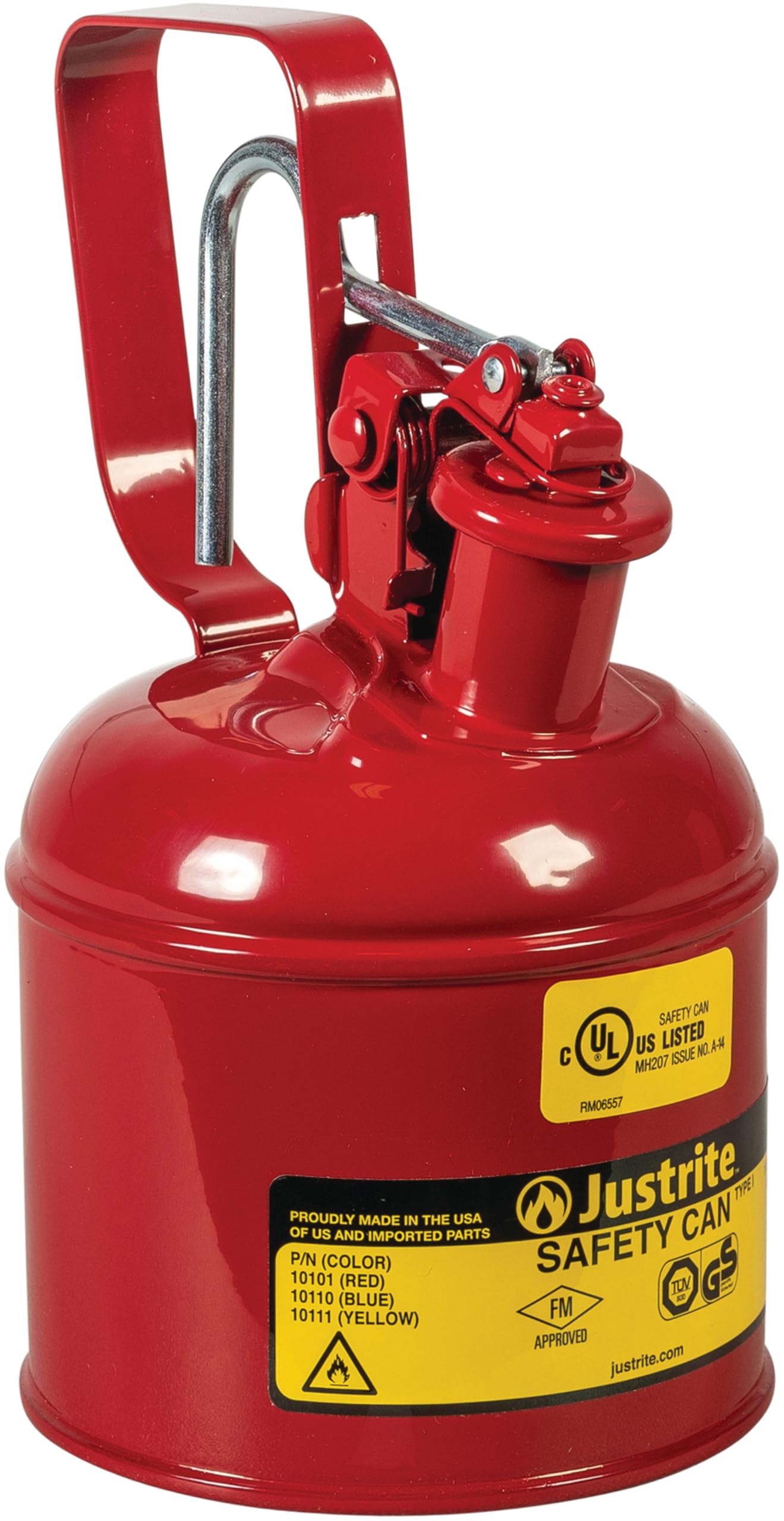 Justrite 1 Quart Type I Red Safety Gas Can for Gasoline with Flame Arrester, Self-Closing Lid, and Trigger Handle, Made in the USA, Galvanized Steel Flammable Storage Can, 10101