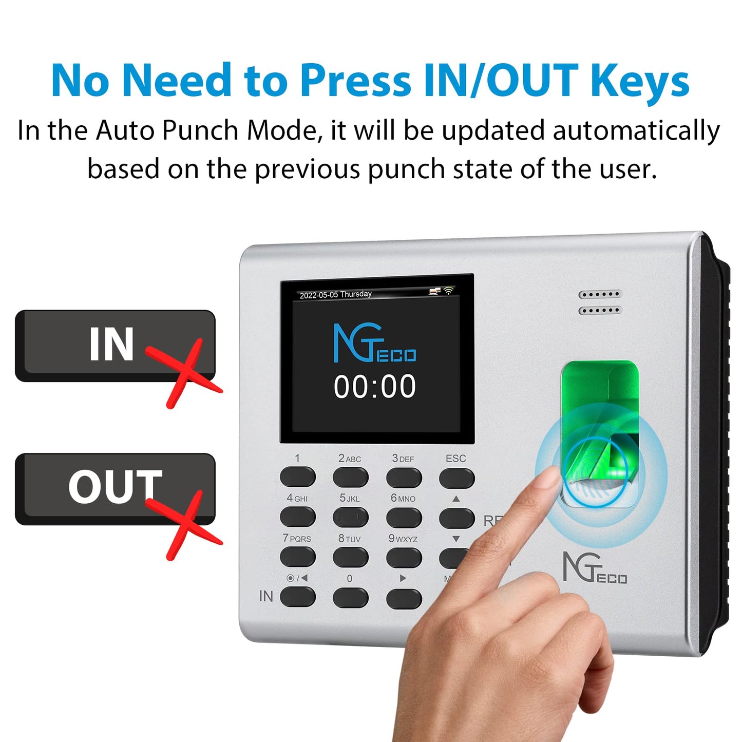 NGTeco APP-Based Time Clock for Employees Small Business, Automatic Fingerprint Clock in and Out Machine with 2000mAh Battery, 2.4GHz WiFi, iOS&Android, No Monthly Fee