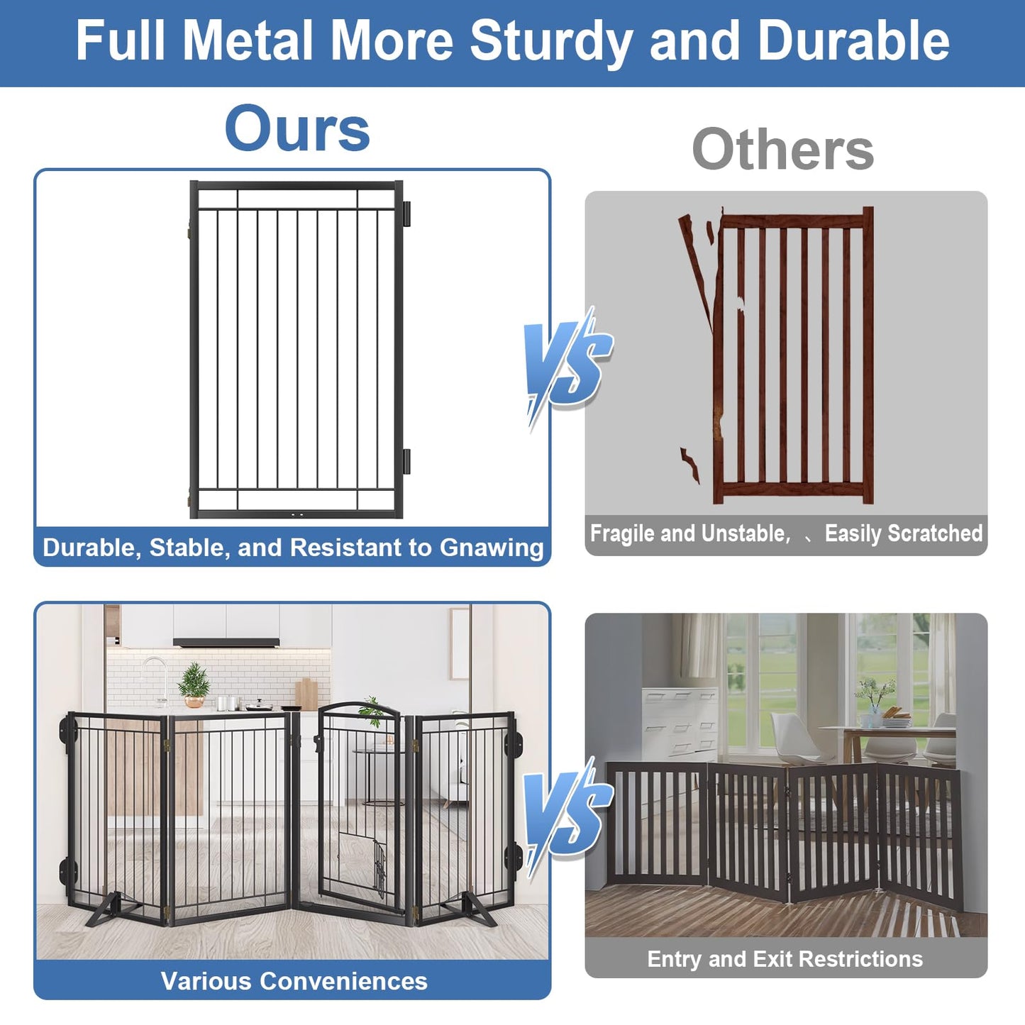 Full Metal Freestanding Dog Gate with Cat Door for Indoor & Outdoor,32" Tall Foldable Dog Fence,80" Extra Wide Freestanding Pet Gate for Large Openings,Stairs,Deck,Yard,Doorways(4 Panels,Black)