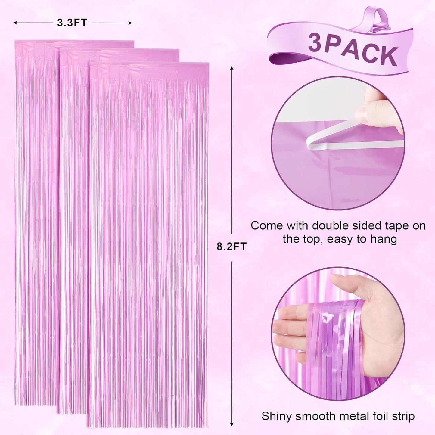 Voircoloria Foil Fringe Backdrop Curtains - 3 Pack of 3.3 x 8.2 ft Pastel Purple Tinsel Streamers for Parties