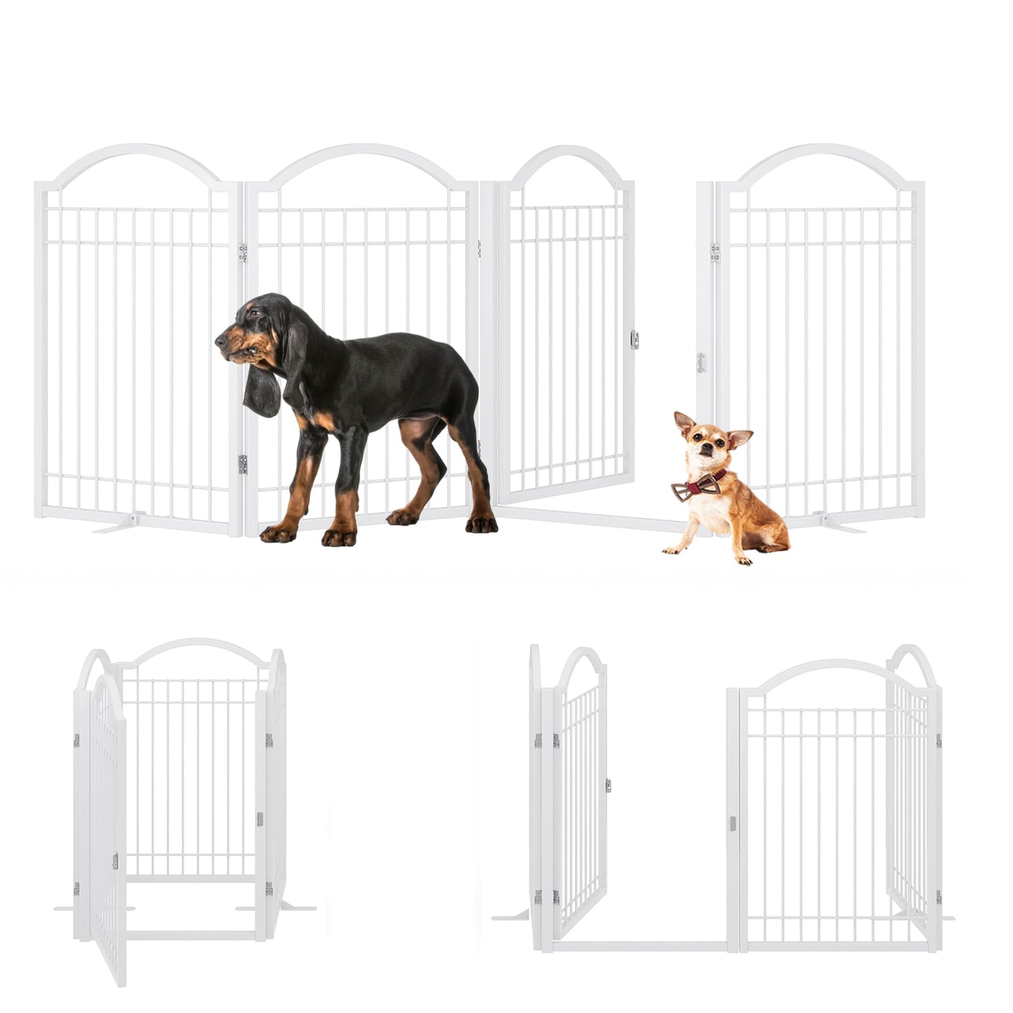 BHG Metal No-Assembly Freestanding Dog Gate with Door Walk Through, Extra Wide 96", Extra Tall 32" Pet Gate, Accordion Puppy Folding Playpen Dog Fence, with 2PCS Support (White, 4 Panels)