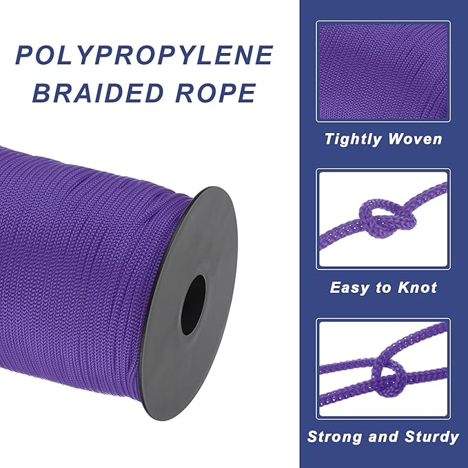 MECCANIXITY 1/8 Inch Polypropylene Rope Braided Ropes, 328ft Nylon Rope Hollow Utility Cord for Clothesline, Camping, Hiking, Outdoor, Dark Purple