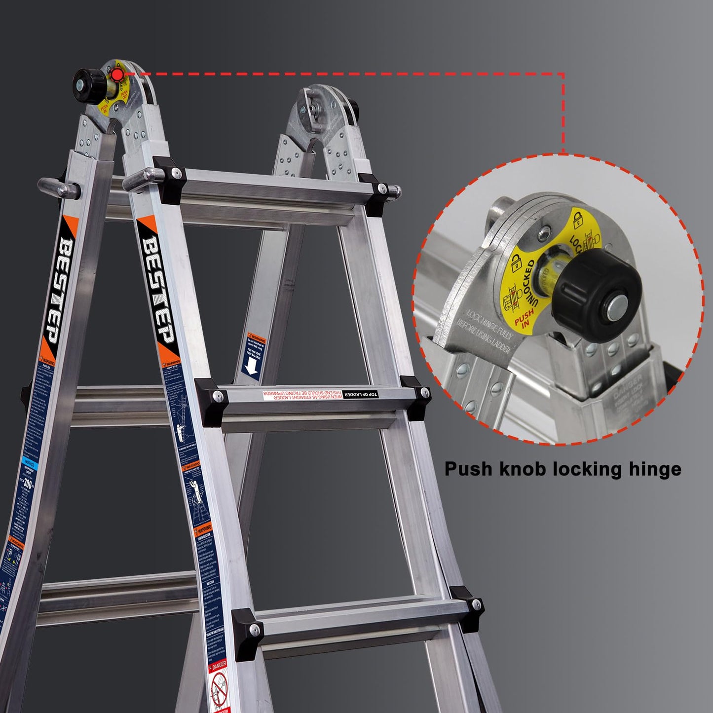 BESTEP 15FT Adjustable Folding Multi-Position Ladder,A Frame 4-Step Anti-Slip Ladder with Aluminum Joint,Silver,ANSI Type 1A, 300 lbs Load Capacity,Welding Construction (YQGNT-4540)