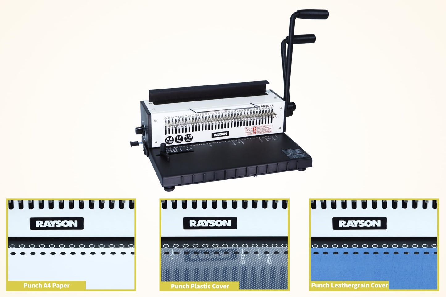 Rayson TD-1500B34R Binding Machine, Round Holes, 3:1 Pitch Wire-O Binder Punch 15 Sheets/Bind 130 Sheets with Sturdy Metal Construction
