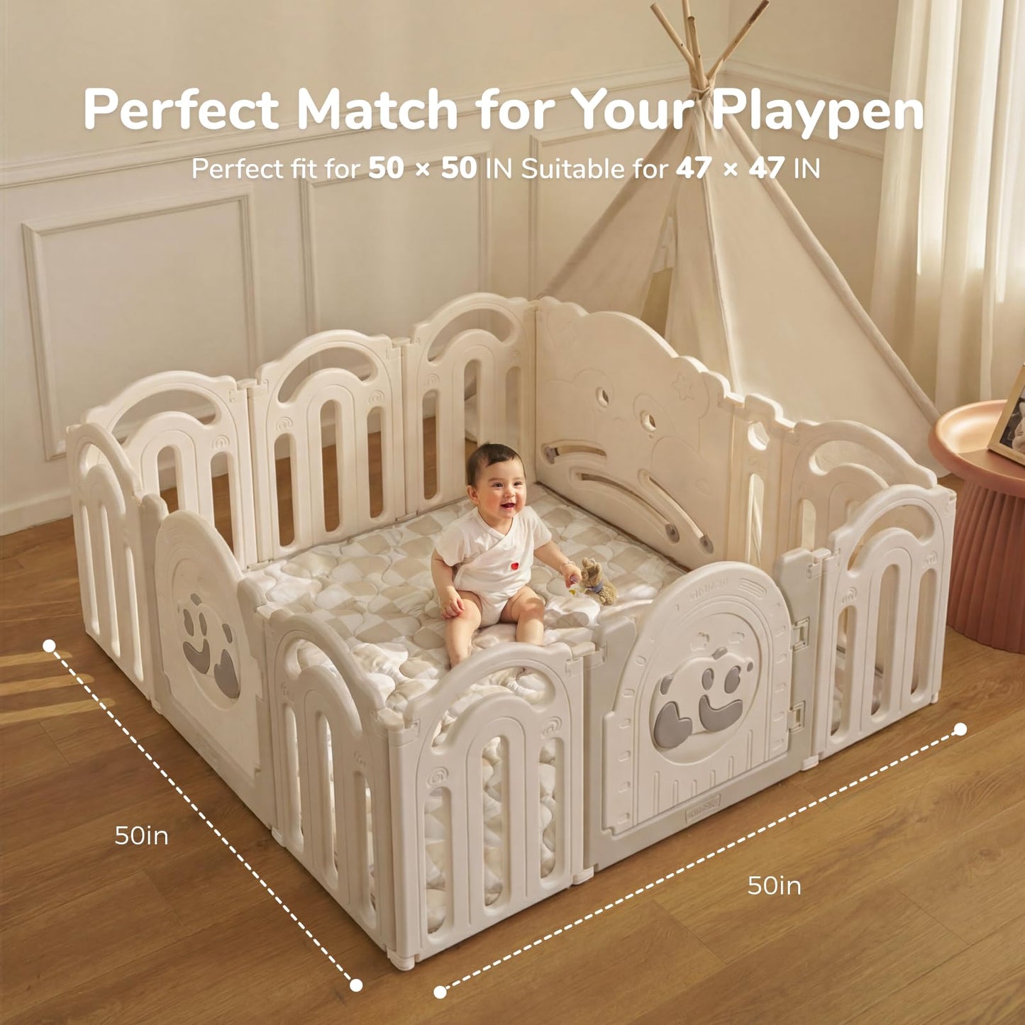 Momcozy Baby Play Mat for Floor, 50"x50" Thickened Playpen Mat, Playmate for Baby Tummy Time, Waterproof & Non-Slip, Foldable Outdoor Mat with Carrying Handle, Khaki Plaid