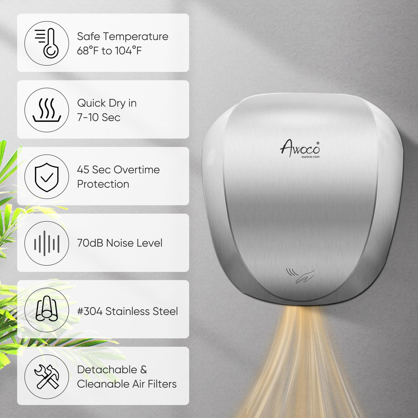 Awoco Heavy Duty Stainless Steel 1450W 120V Automatic High Speed Commercial Hand Dryer, UL Listed (Standard)