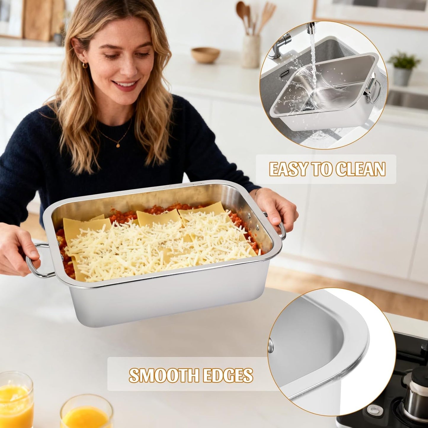 Skiennix 4-Inch Extra Deep Lasagna Pan - 7.4QT Stainless Steel Nonstick Baking Dish with Lid & Handles | 14x10.6x4 IN