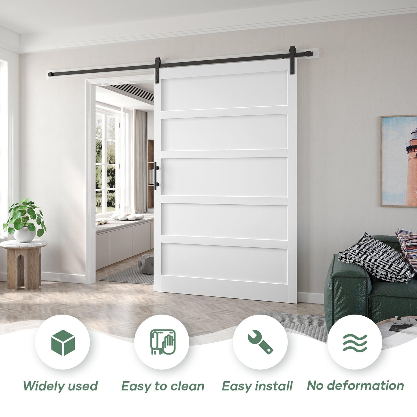 Fredbeck 60x96 Inch White Sliding Barn Door Slab with 10ft Hardware Kit Included, 5-Panel,White Doors for Bedroom