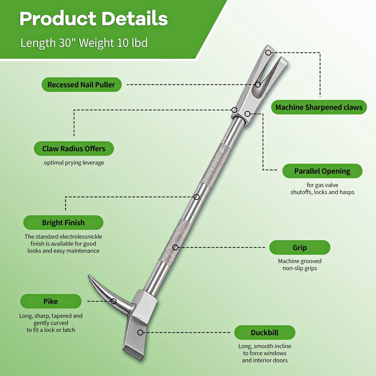 30" Halligan Bar, High-Precision Carbon Steel Construction, Halligan Tool for Fire Rescue