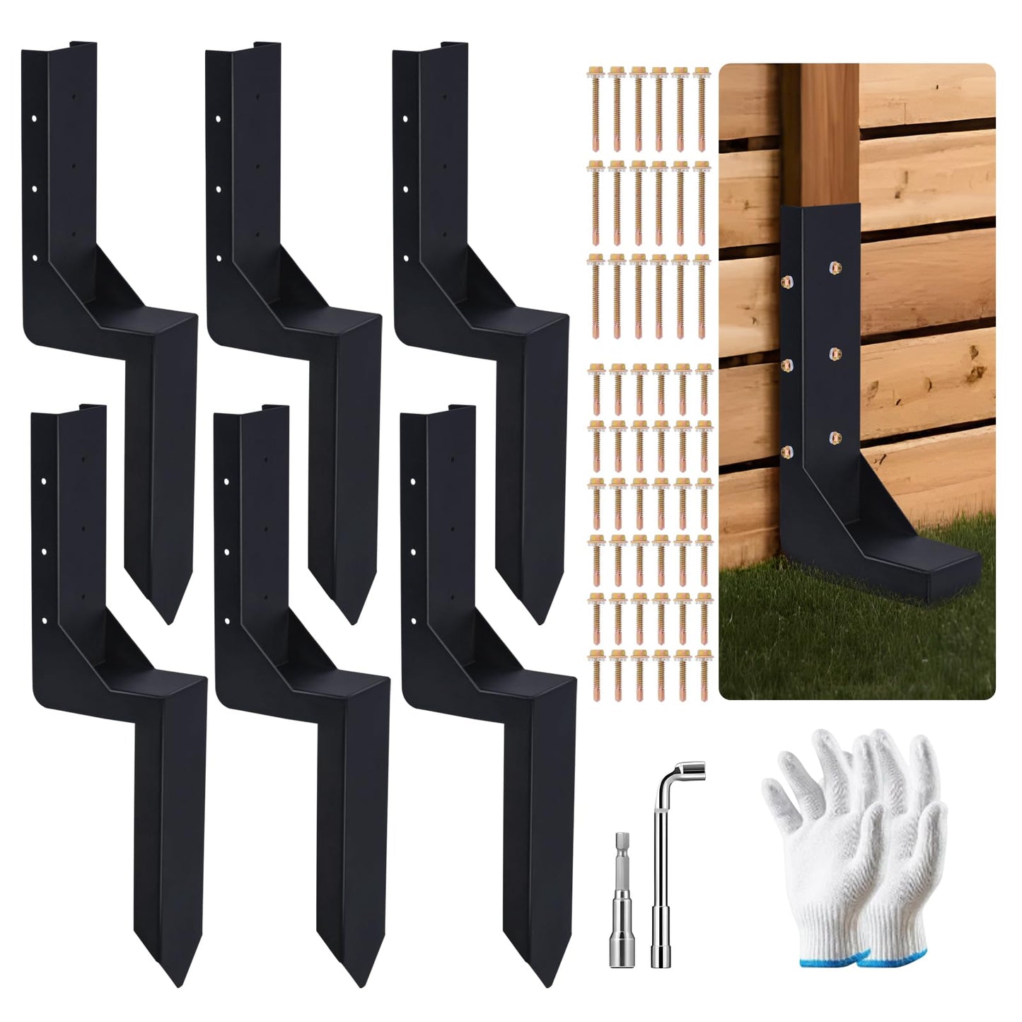 ATCWF 6-Pack 3.74" Width Fence Post Repair Kit, 24in Total Length Heavy Duty Ground Spike Anchor for Wooden Post Repairing Tilted/Broken Posts Metal Brackets