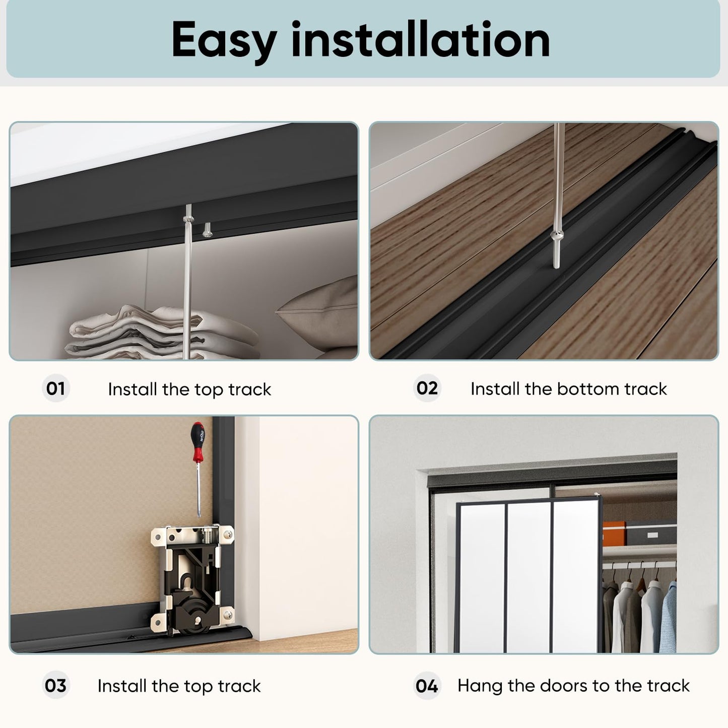 JUBEST Sliding Closet Door 72 x 80", Black Farmhouse Sliding Door with Top & Bottom Track Kits, Preassembled Frosted Glass Bypass Closet Door, Easy to Install