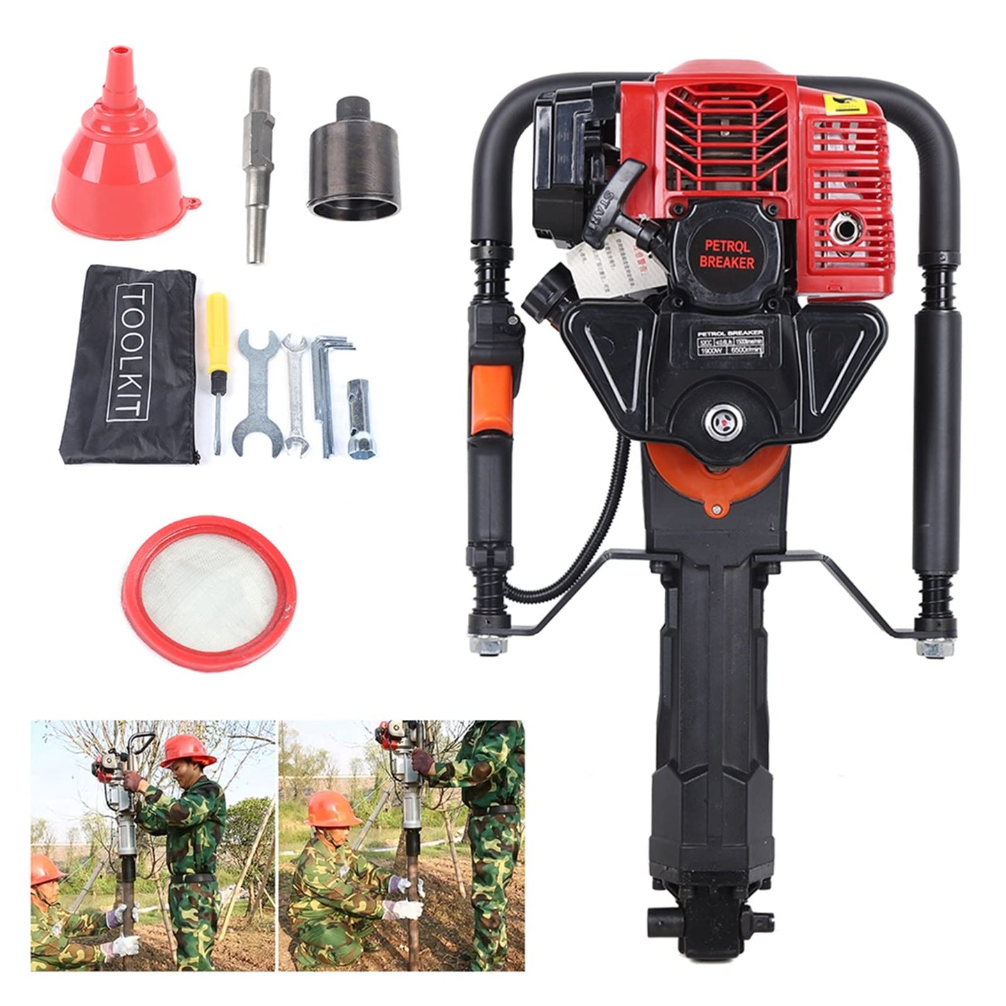 awolsrgiop Gas Powered T-Post Driver, 52cc 2-stroke Gasoline Engine Pile Driver Cylinder Portable Gas Powered Farm Fence Post Pounder Pile Driver Engine for Piling, Stone Breaking, Trenching, Ramming