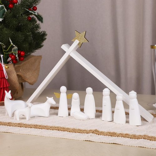 Juegoal Christmas Nativity Set - 11 White Mini Resin Figurines | Holy Family Table Ornaments