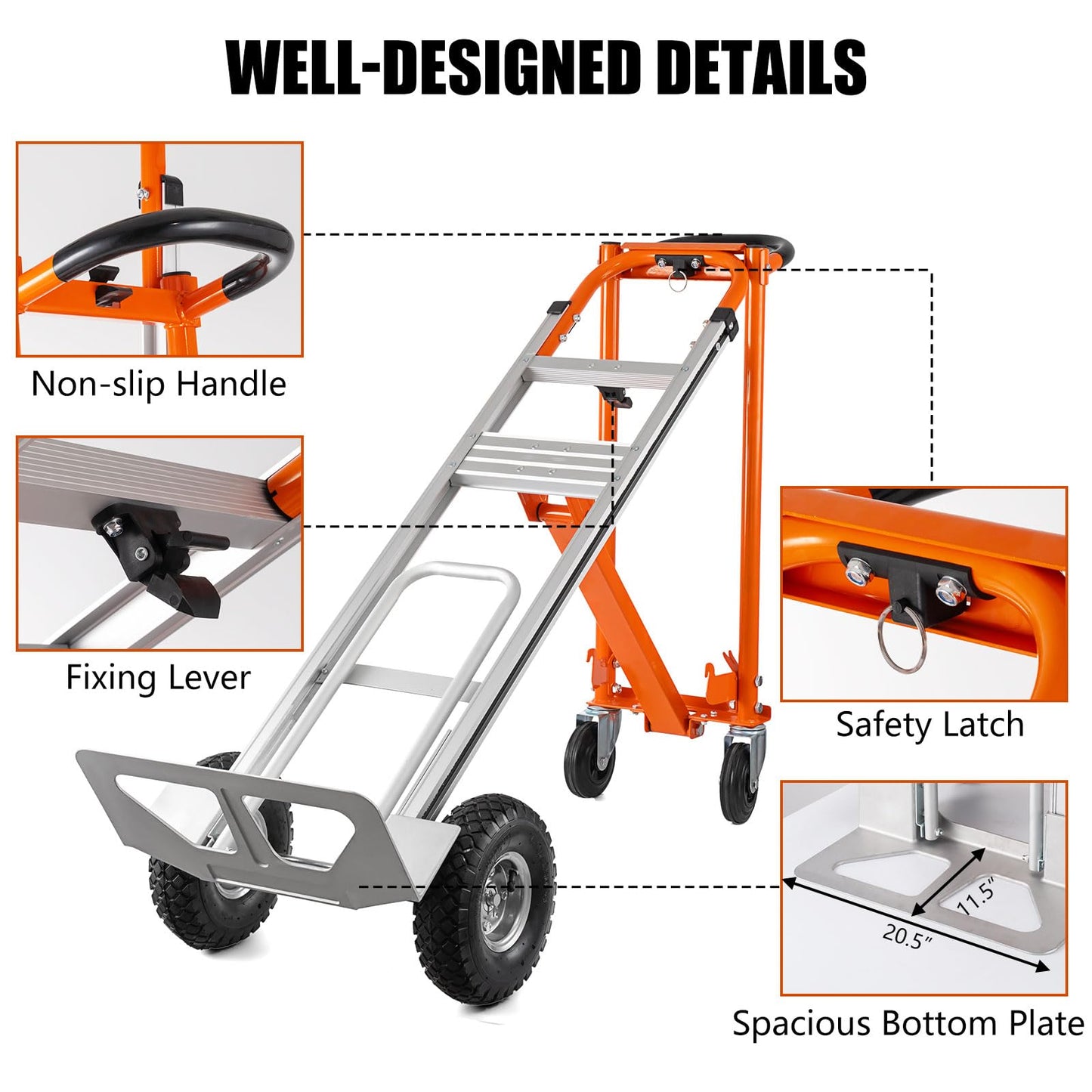 Hitgrand 3in1 Convertible Hand Truck, Aluminum Hand Trucks 880 lb Capacity, Utility Dolly Cart Converts from Hand Truck Dolly to Platform Cart 3 Positions for Transport & Moving with 10" Rubber Wheels