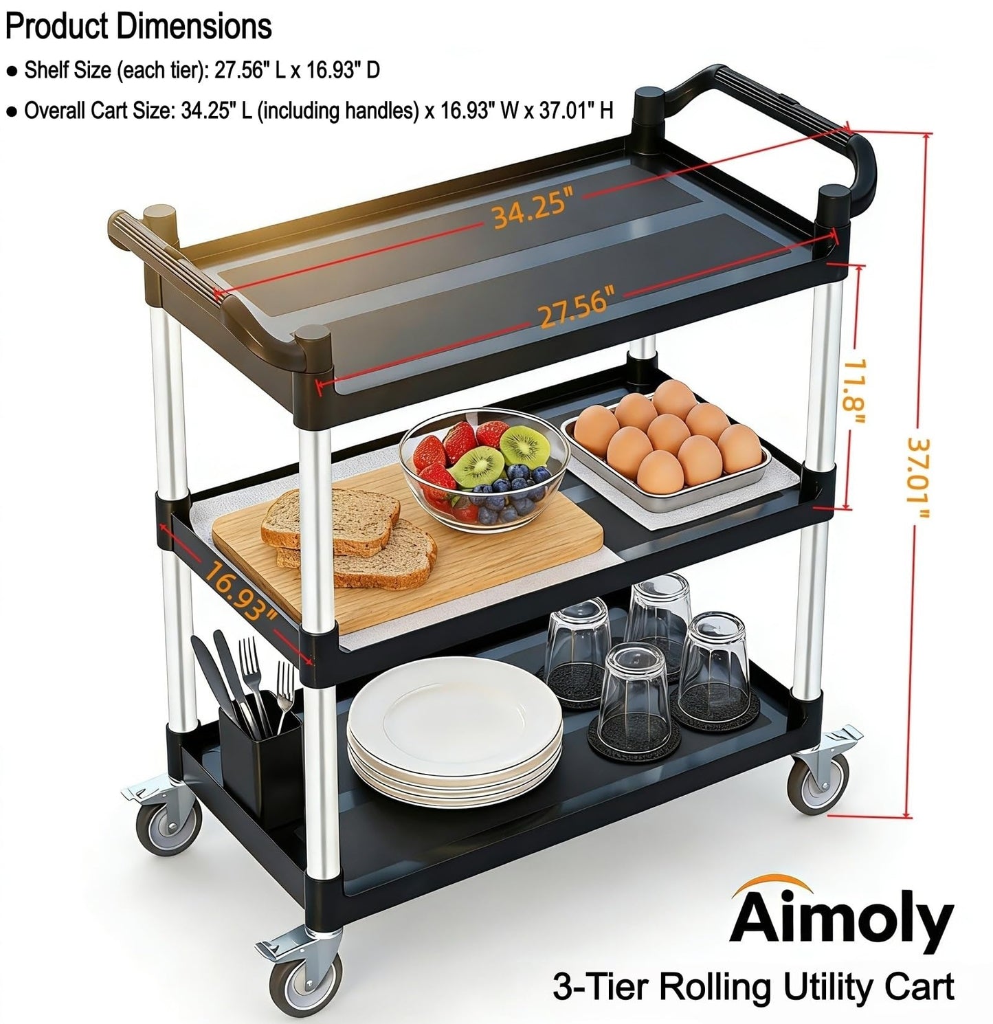 Aimoly 3-Tier Rolling Utility Cart with Wheels, 510 lbs Capacity Service Cart, Commercial Kitchen Cart with 4 Lockable Swivel Casters for Restaurant/Home/Warehouse/Office (34 x 17 x 37 in)