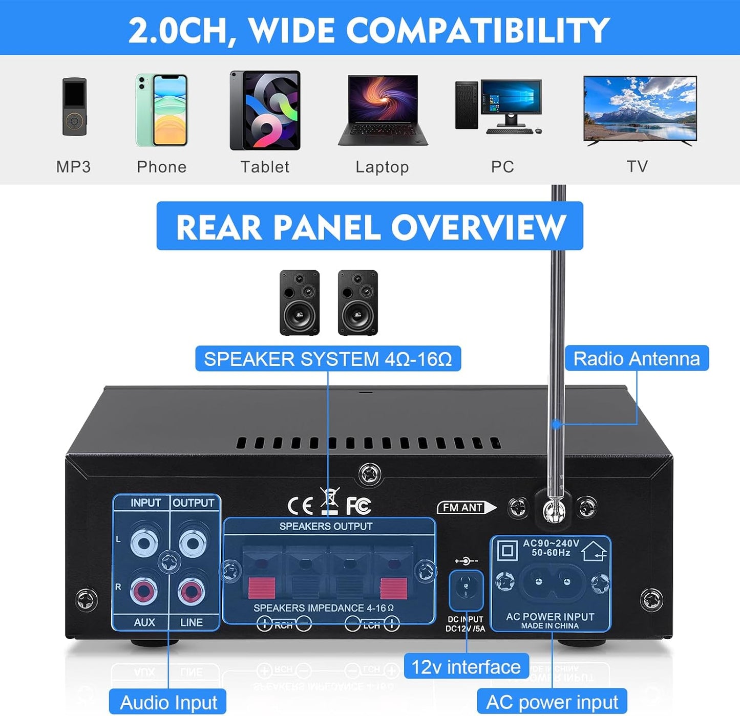 Generic BT-298A+ 40Wx2 AEXCVG Stereo Home Audio Amplifier HiFi Bluetooth Stereo Receiver Mini Home Theater Amplifier