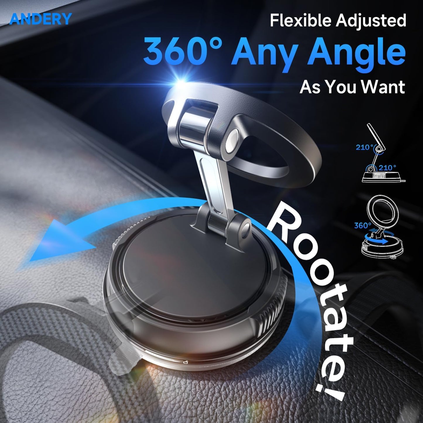 ANDERY [78+LBS 2400gf 360 17-12 Car Phone Holder for Magsafe Strongest Suction & Strongest Magnetic] Adjustable Car