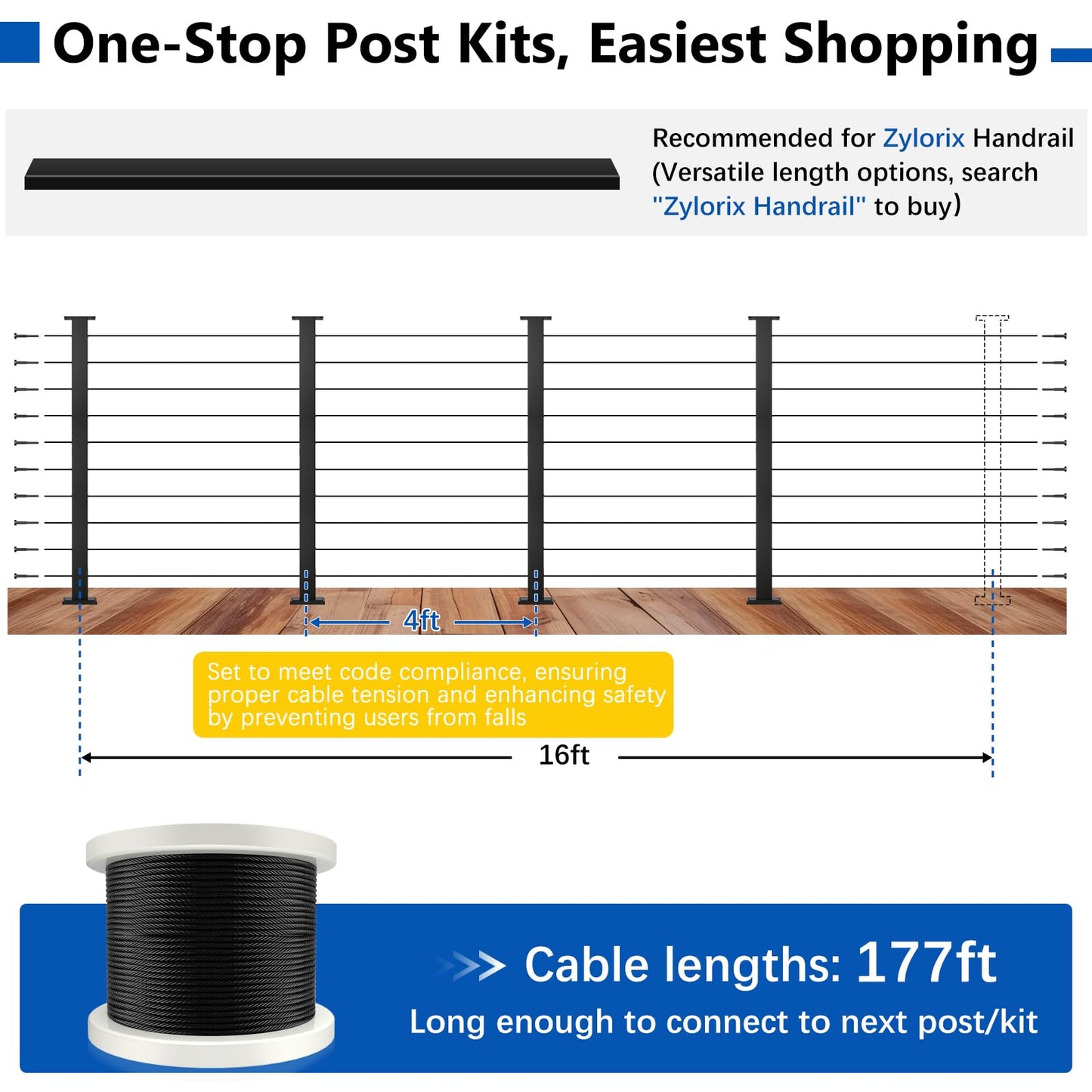 Zylorix 36" Modular 12-16FT Black T304 Cable Railing Post Kit, Complete Cable Railing System with 4 Level Posts & 177ft 1/8" Wire Rope(No Handrail), Adjustable Length Easy DIY for Decks/Porch