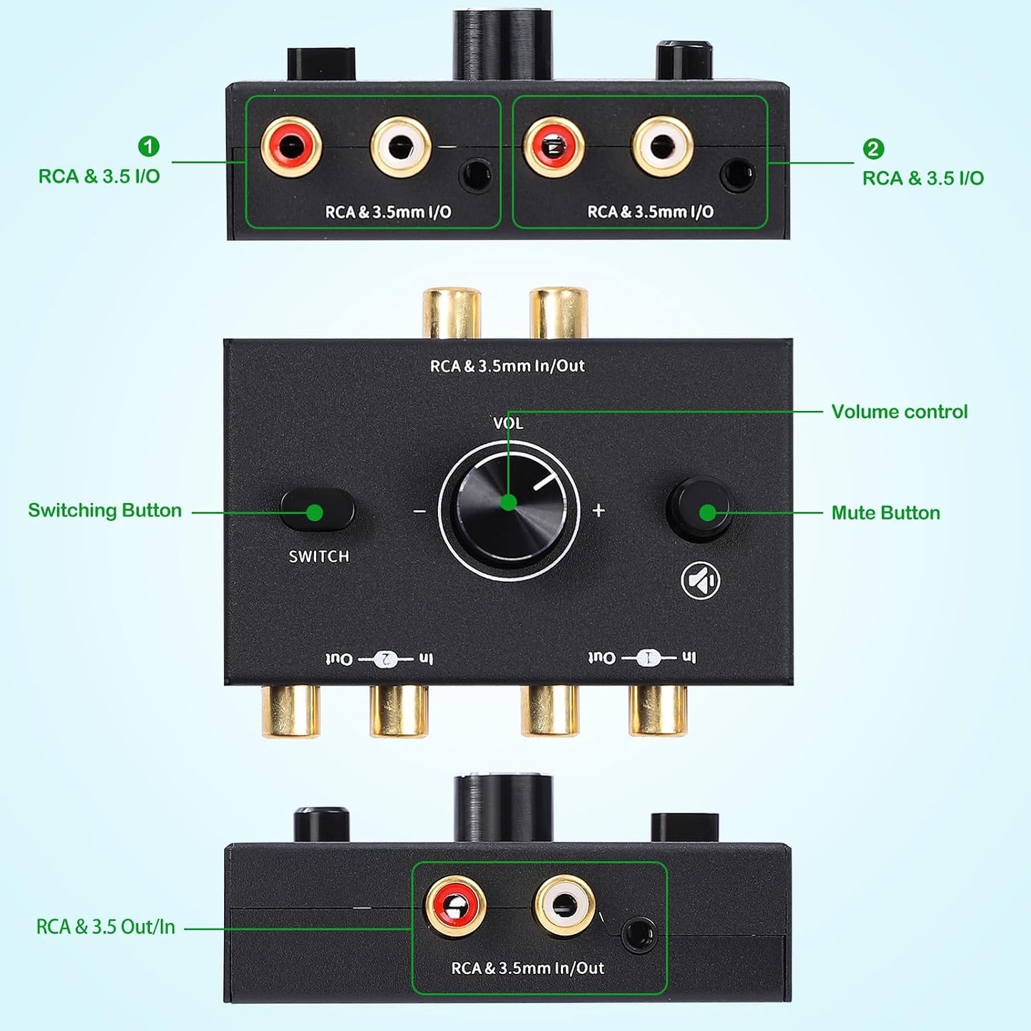 ATNEDCVH 3.5mm 1 2 2 1 2-Way RCA Port in Out / in Out Bi-Directional Audio Switcher, Stereo L/R Sound Channel Speaker