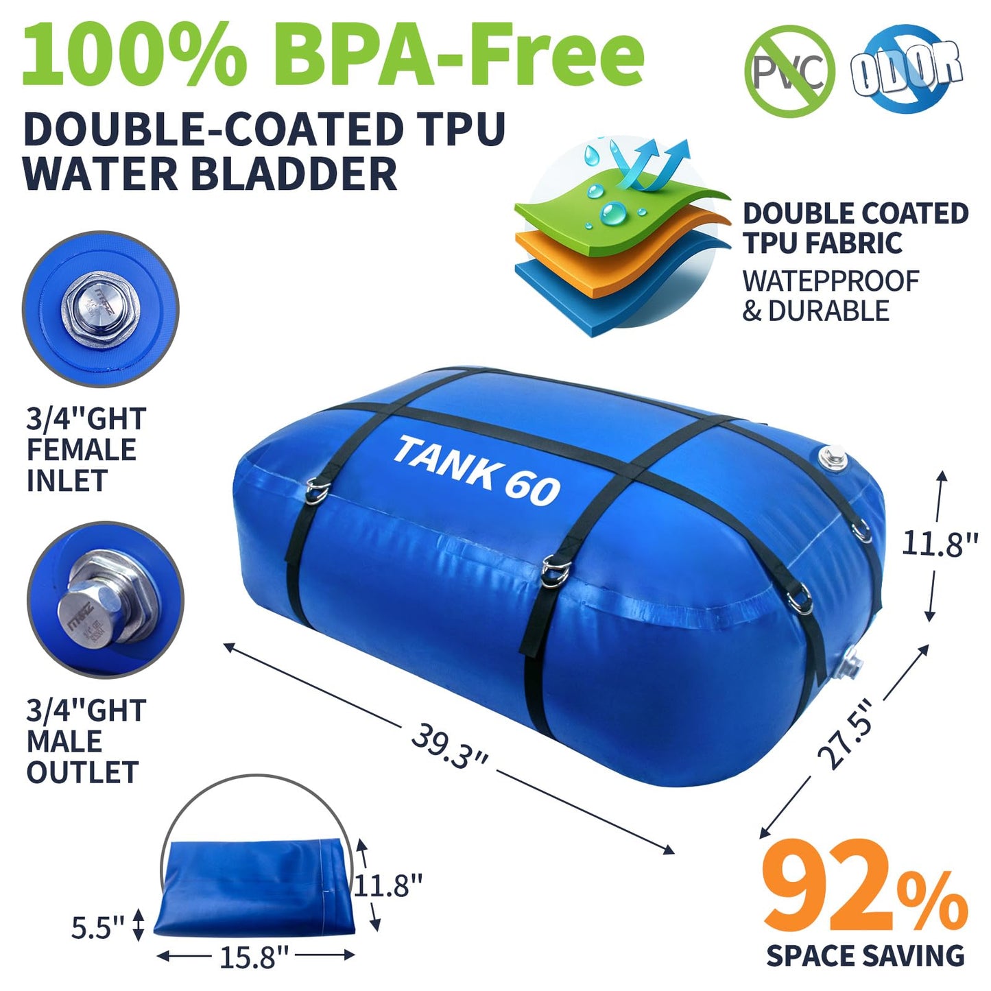 TPU Water Storage Bladder, 60 Gallon Portable RV Fresh Water Tank, Food Grade BPA Free Collapsible Flexible Container for Drinking, Camping, Irrigation & Emergency-Hurricane, Drought, Fire (3/4” GHT)