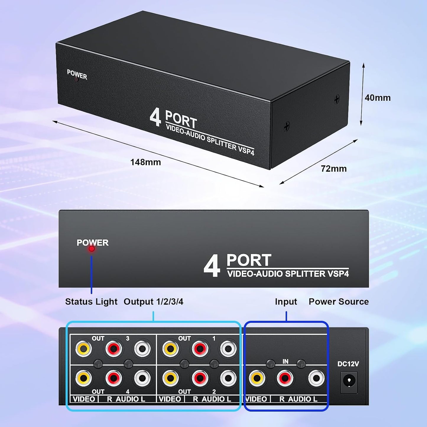 LUKFOCAB 3 1 4 4 RCA Splitter Box in Out, Way AV Composite Video Audio Distribution Duplicator, Compatible with TV