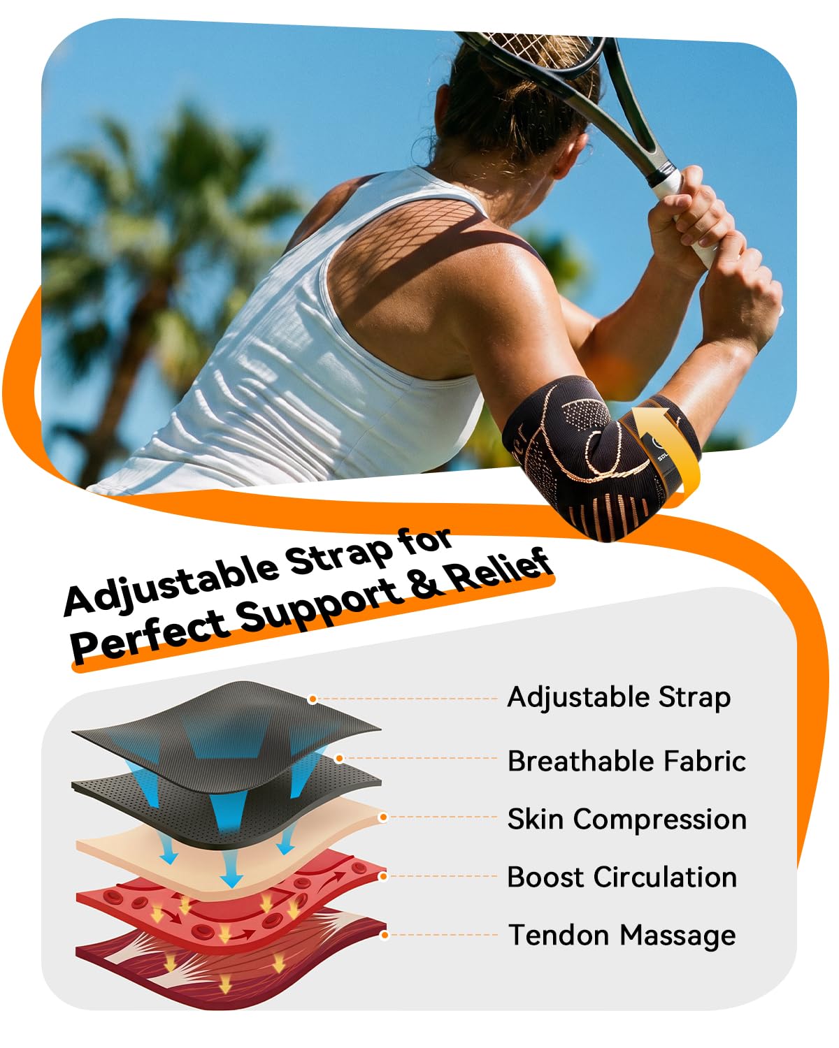 SOLOEVER Copper Elbow Compression Sleeve with Adjustable Strap [Medical-Grade ＆ Targeted Support] Elbow Brace for Tendonitis and Tennis Elbow - Elbow Support for Weightlifting, Golfers, Arthritis, Bursitis - Fit for Men & Women