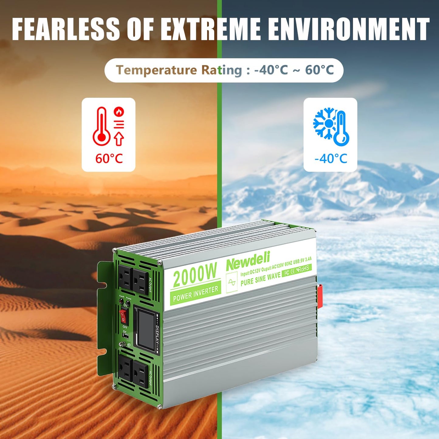 Newdeli 2000 Watt Power Inverter 12V DC to 110V 120V AC Pure Sine Wave Inverter with LCD Display, Remote Controller, 4 AC Outlets and 5V 3.4A USB Port for Vehicles Car Truck RV Solar System Camping