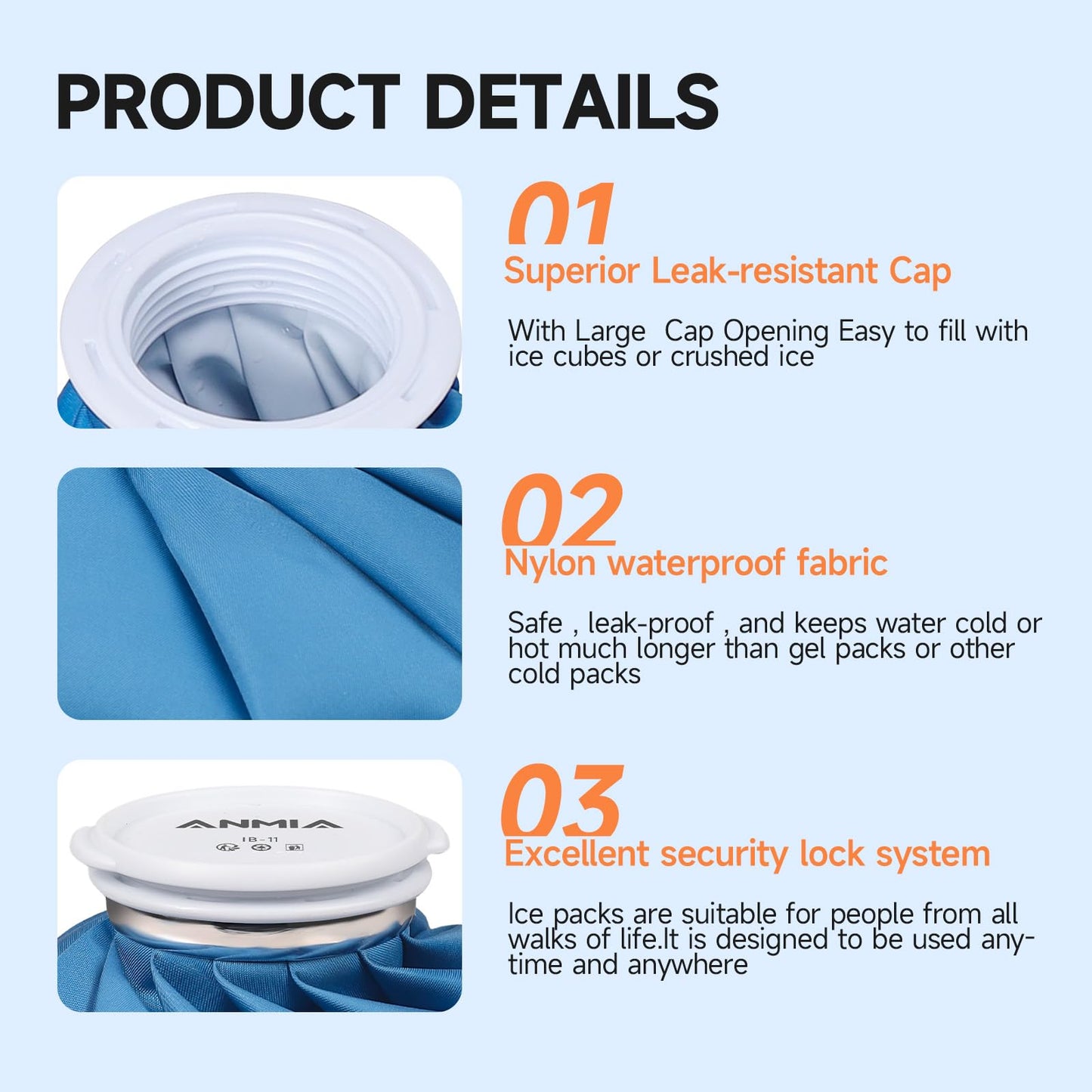 ANMIA Ice Pack Bags with Wrap for Injuries Reusable, Cold Pack Water Bag Hot Bag for Pain Relief, Leak-Proof Elastic Ice Bag, Size 9''