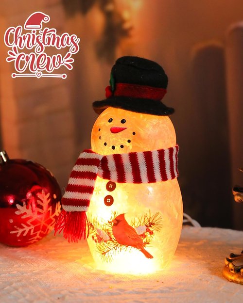 Bdor Snowman Christmas Decoration - 6.3 Inch Glass Figurine with Cardinal & Red Scarf | Warm Glow Holiday Décor