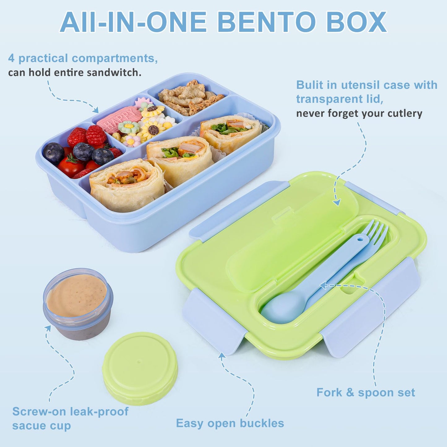 Caperci 50oz Larger Bento Box for Kids - Reinforced Leakproof Lunch Box Containers for Kids, Built-in Sauce Cup, Utensils, 4 Compartments, BPA-Free Microwave & Dishwasher Safe (Lime/Blue)