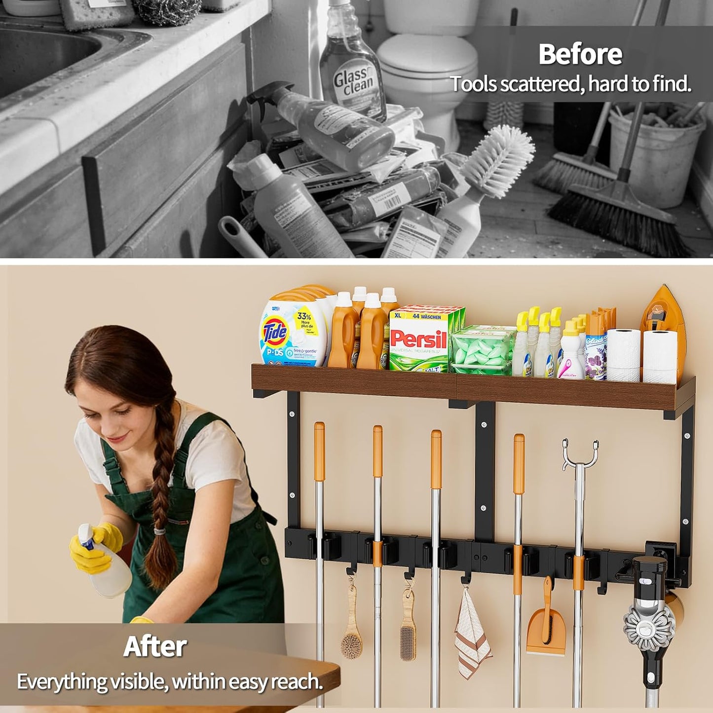 Skiennix Broom Holder Wall Mount - Versatile Cleaning Supplies Organizer with Mop Hanger & Gripper Hooks | Ideal for Home, Garage, Kitchen