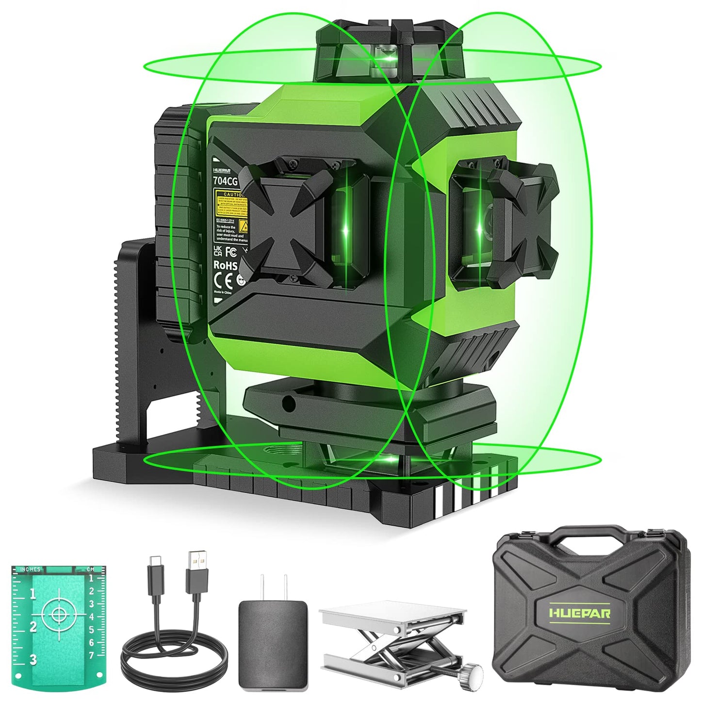 Huepar 4 x 360 Laser Level Self-leveling 4D Green Beam Cross Line 16 Lines Tiling Floor Laser Tool - 2 x 360 Horizontal/Vertical Laser Lines -rechargeable & Integrated Magnetic Bracket 704CG