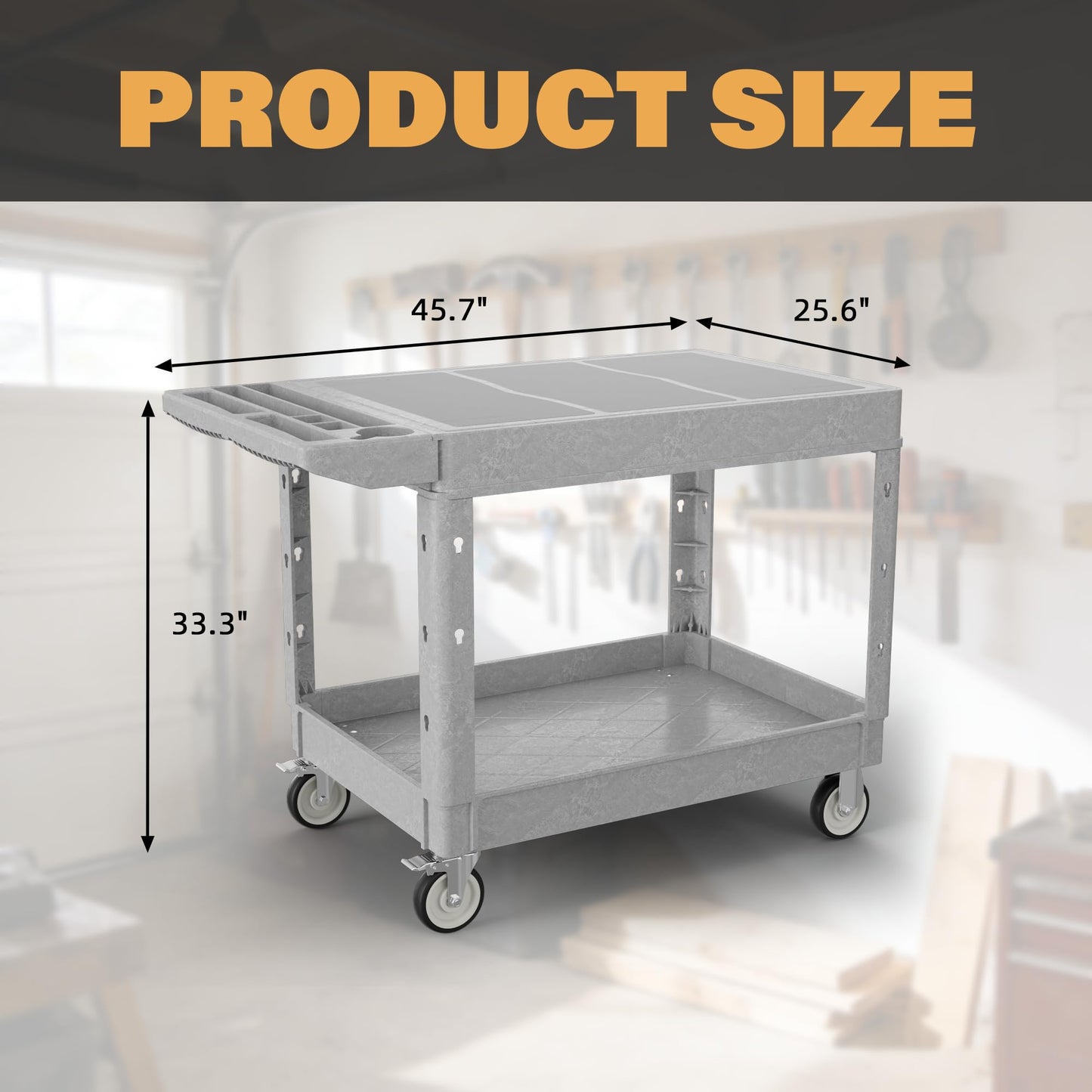 Sylritha Heavy Duty Utility Rolling Tool Cart, 1000 lbs Capacity Flat Top Plastic Utility Service Cart with Two Trays and Wheels, 46 x 26-Inch Work Cart for Storage, Garage, Warehouse, Workshop, Gray