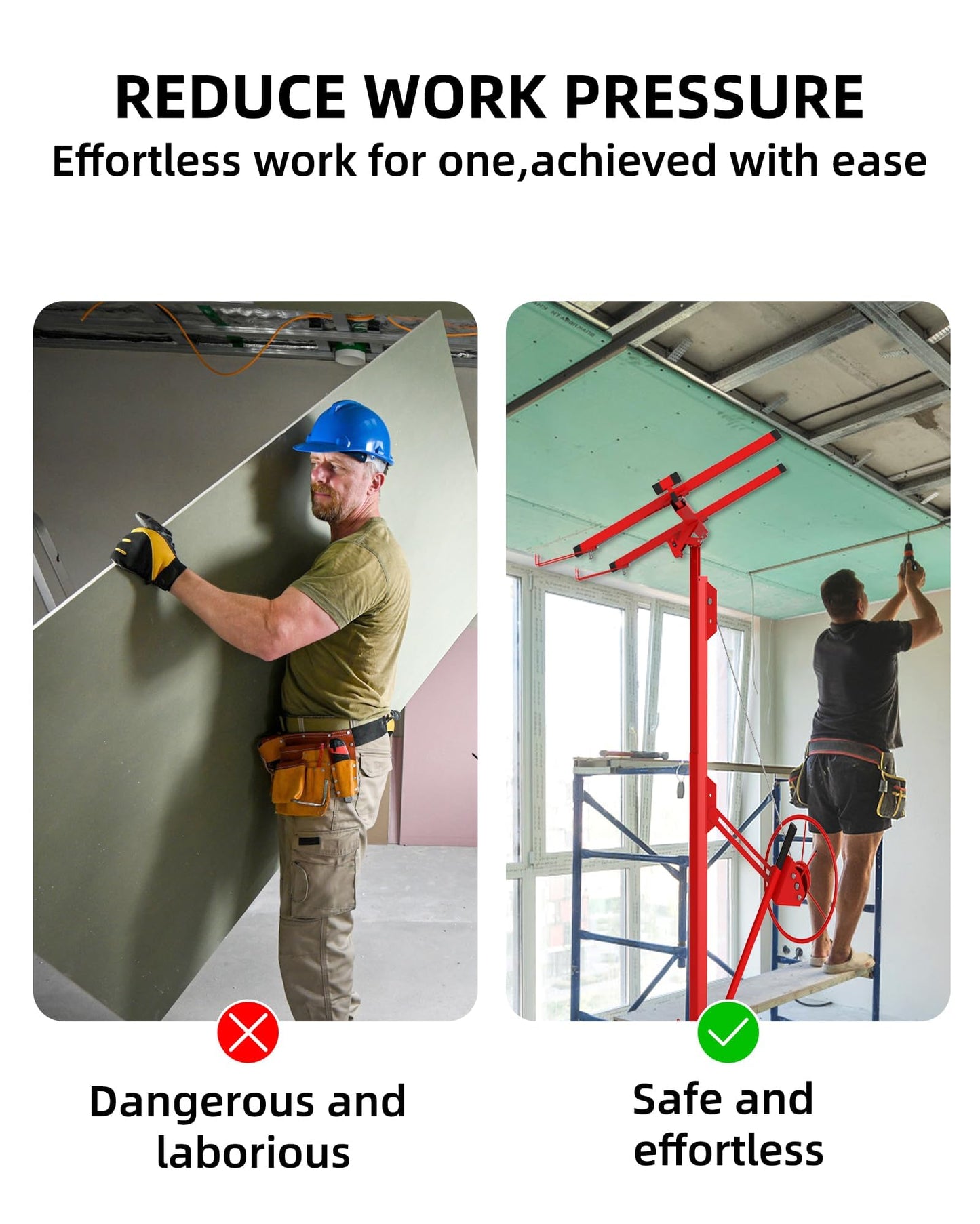 Drywall Lift 16 ft, Heavy-Duty 150 Lbs Drywall Rolling Lifter Panel, Sheetrock Hoist Lift Drywall Jack Lift for Ceiling, Drywall Panel Hoist with 360°Adjustable Telescopic Arm &3 Lockable Wheels, Red