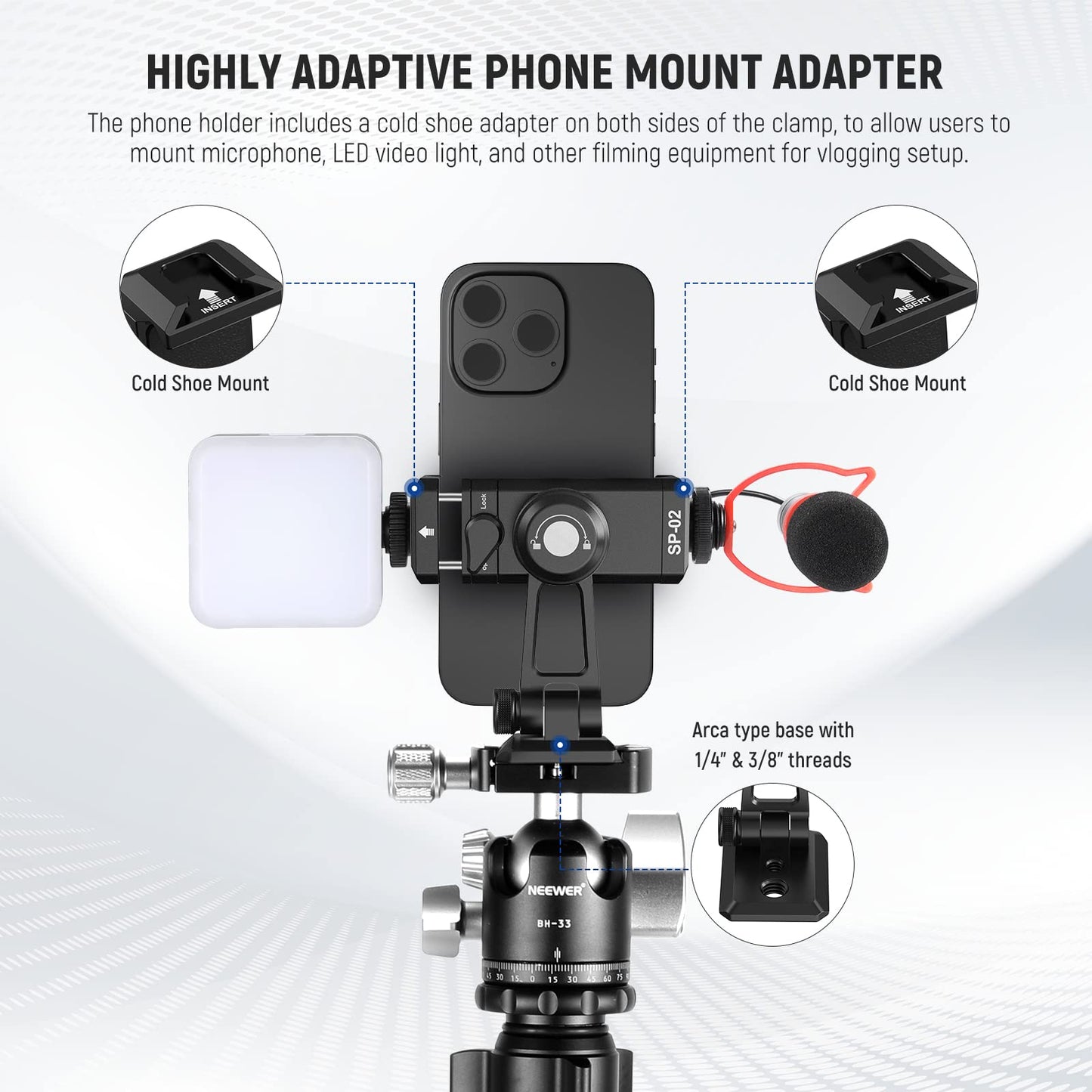 NEEWER Metal Phone Tripod Mount Adapter with Arca QR Base, Cold Shoe, 360° Swivel 180° Tilt, Phone Holder Compatible with iPhone 17 Pro Max 16 15 Samsung Galaxy S25 Ultra S24